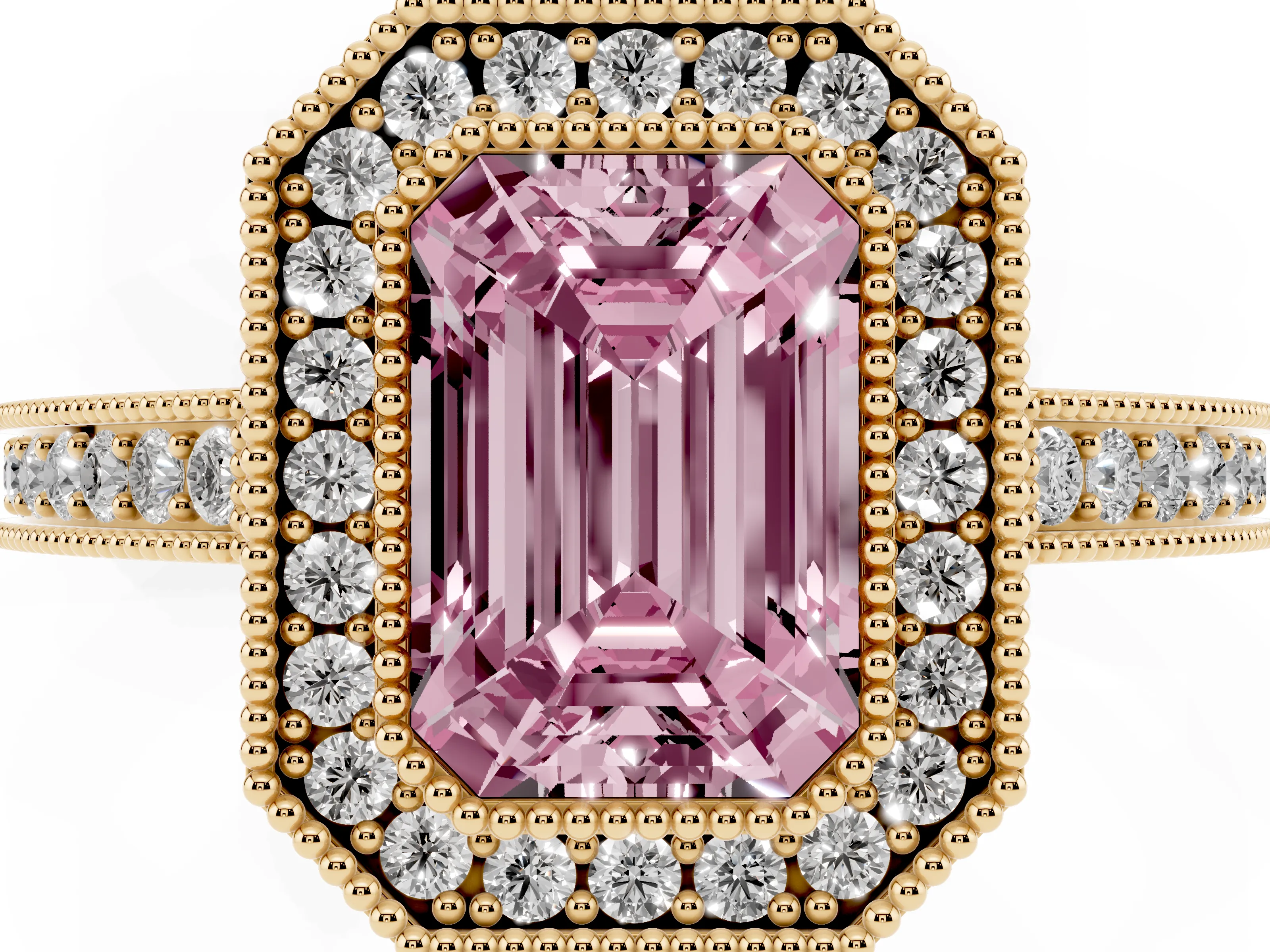 Fancy Pink Emerald Cut Diamond Round Halo Ring Set in Yellow gold with Pavé Band