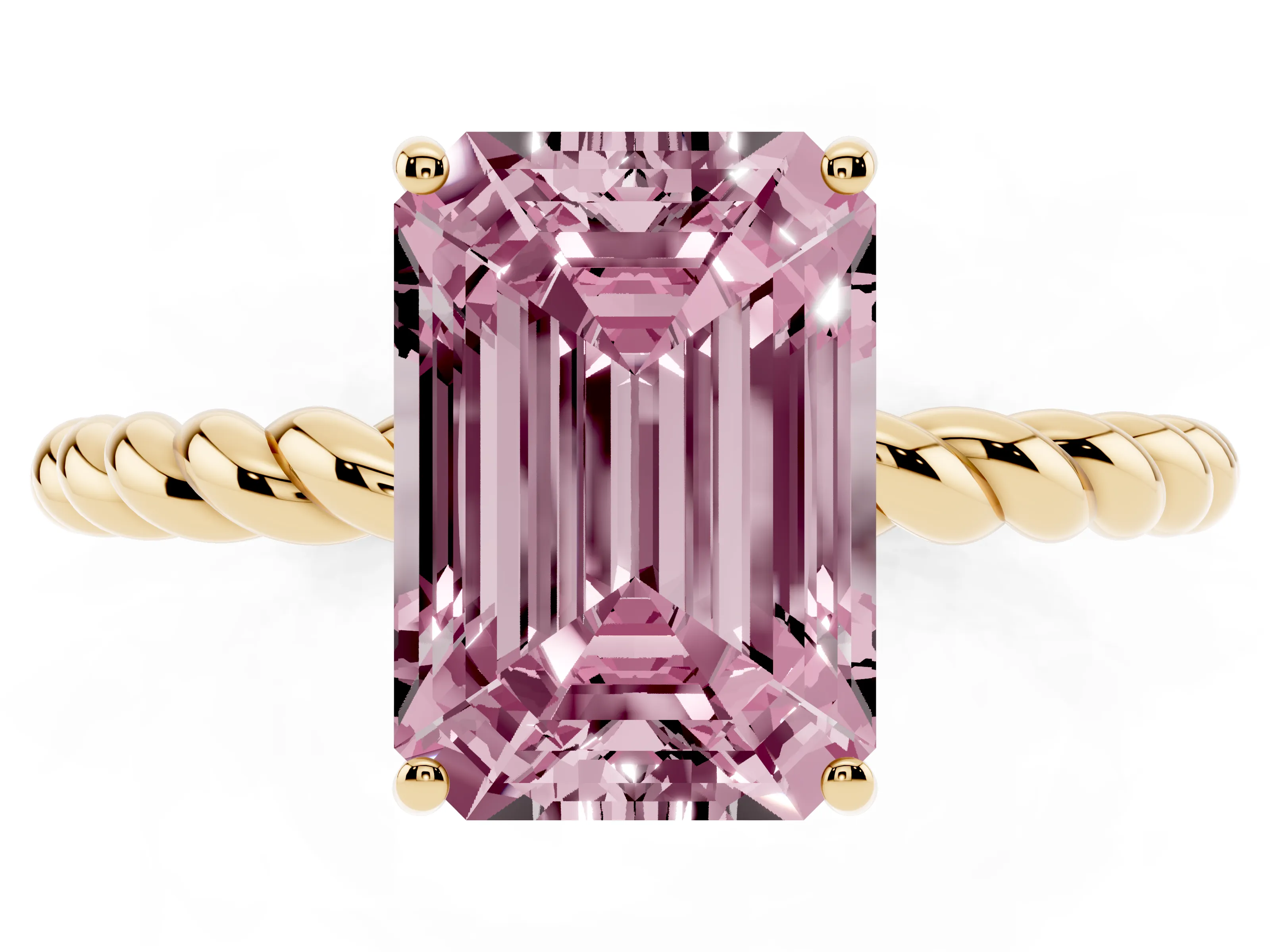 Fancy Pink Emerald Cut Diamond Solitaire Ring Set in Yellow gold with Twist Band and Prong Setting