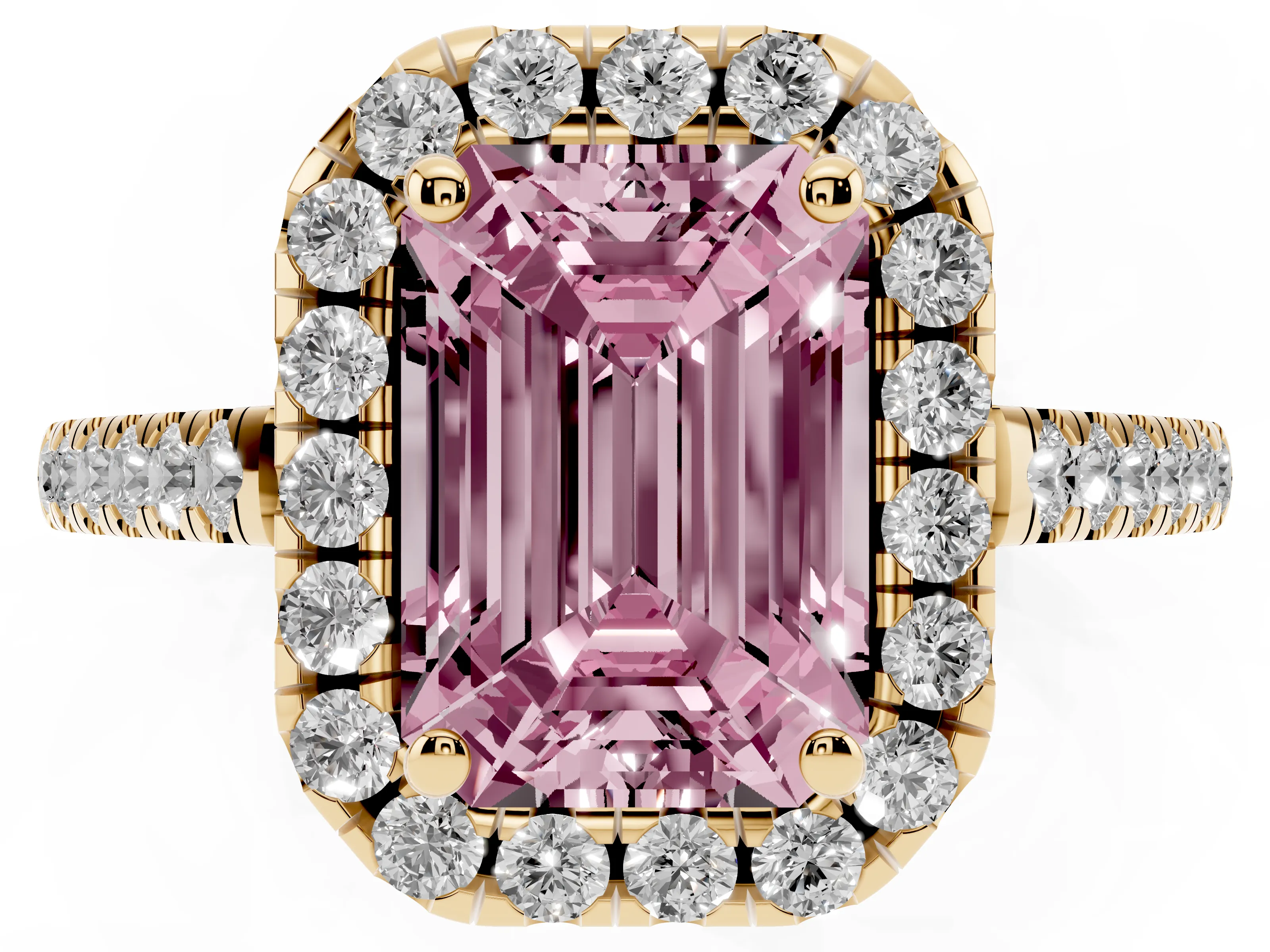 Fancy Pink Emerald Cut Diamond Pavé Halo Engagement Ring Set in Yellow gold with Pavé Band and Prong Setting
