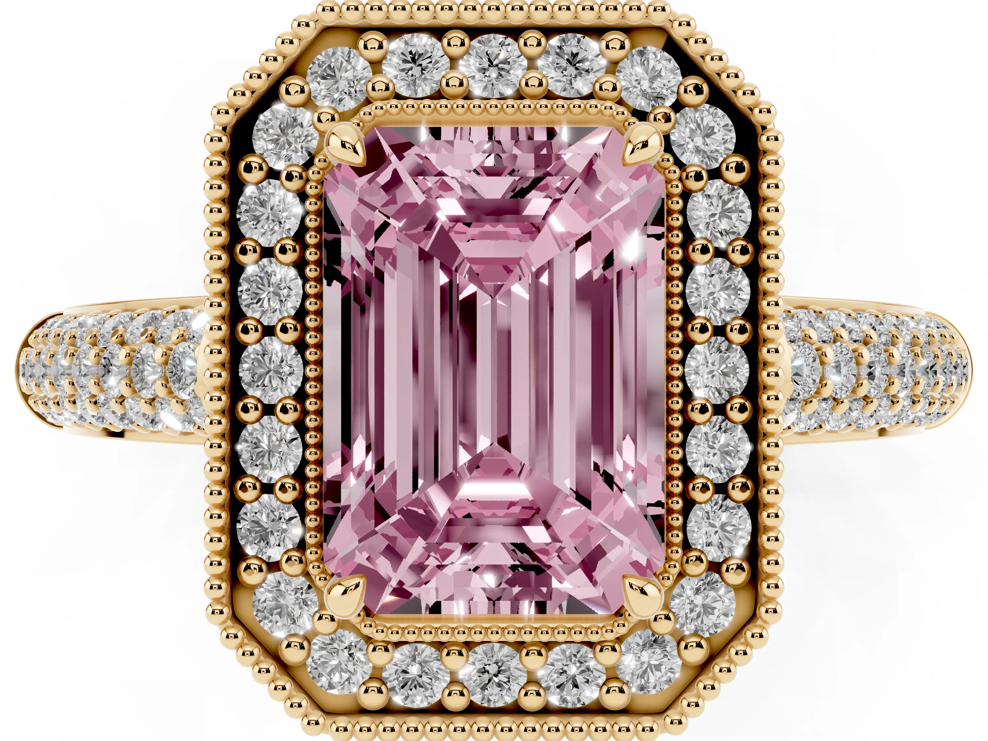 Fancy Pink Emerald Cut Diamond Halo Pavé Band Set in Yellow gold with Prong Setting