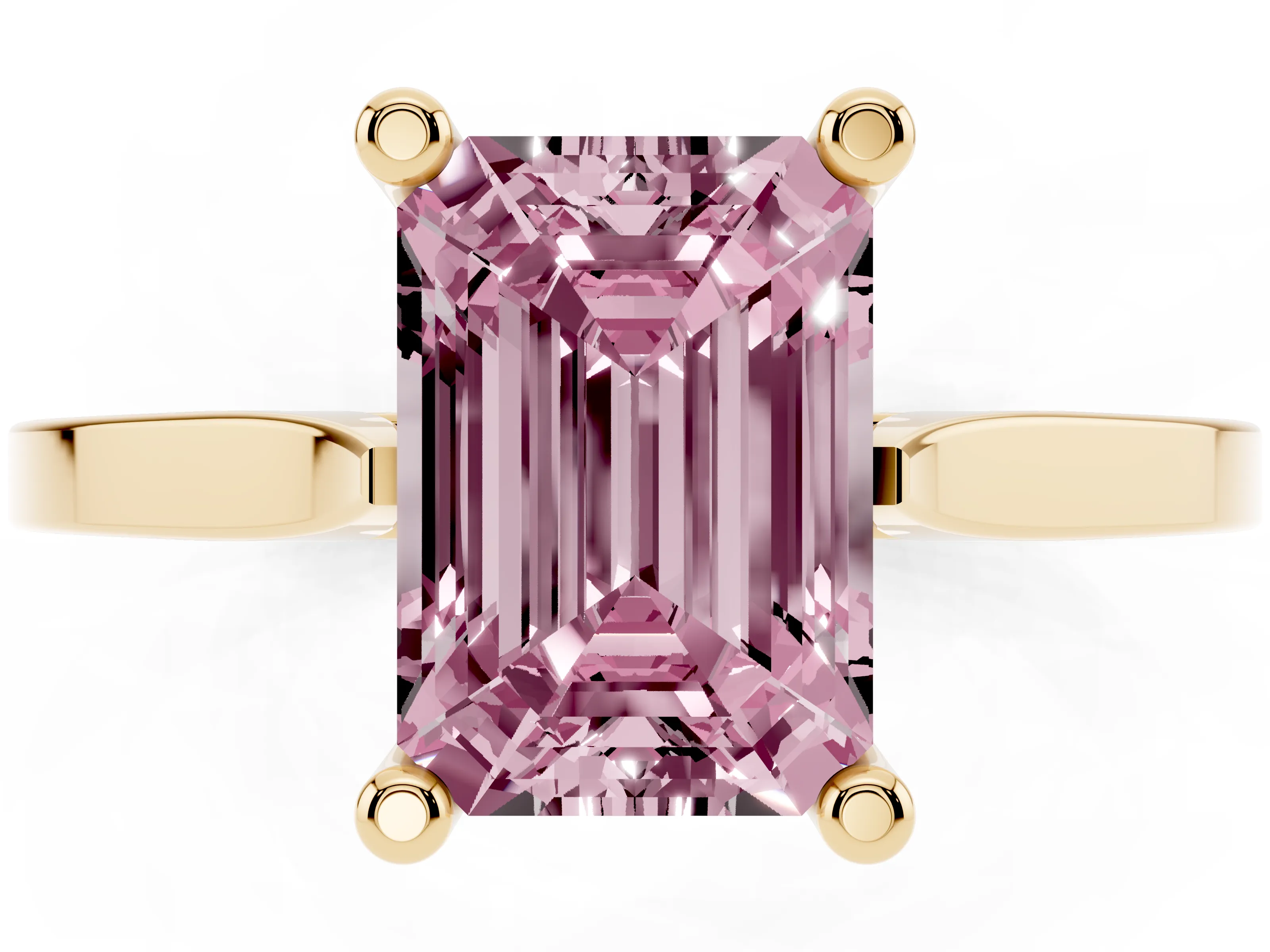 Fancy Pink Emerald Cut Diamond Solitaire Ring Set in Yellow gold with Prong Setting and Tapered Band