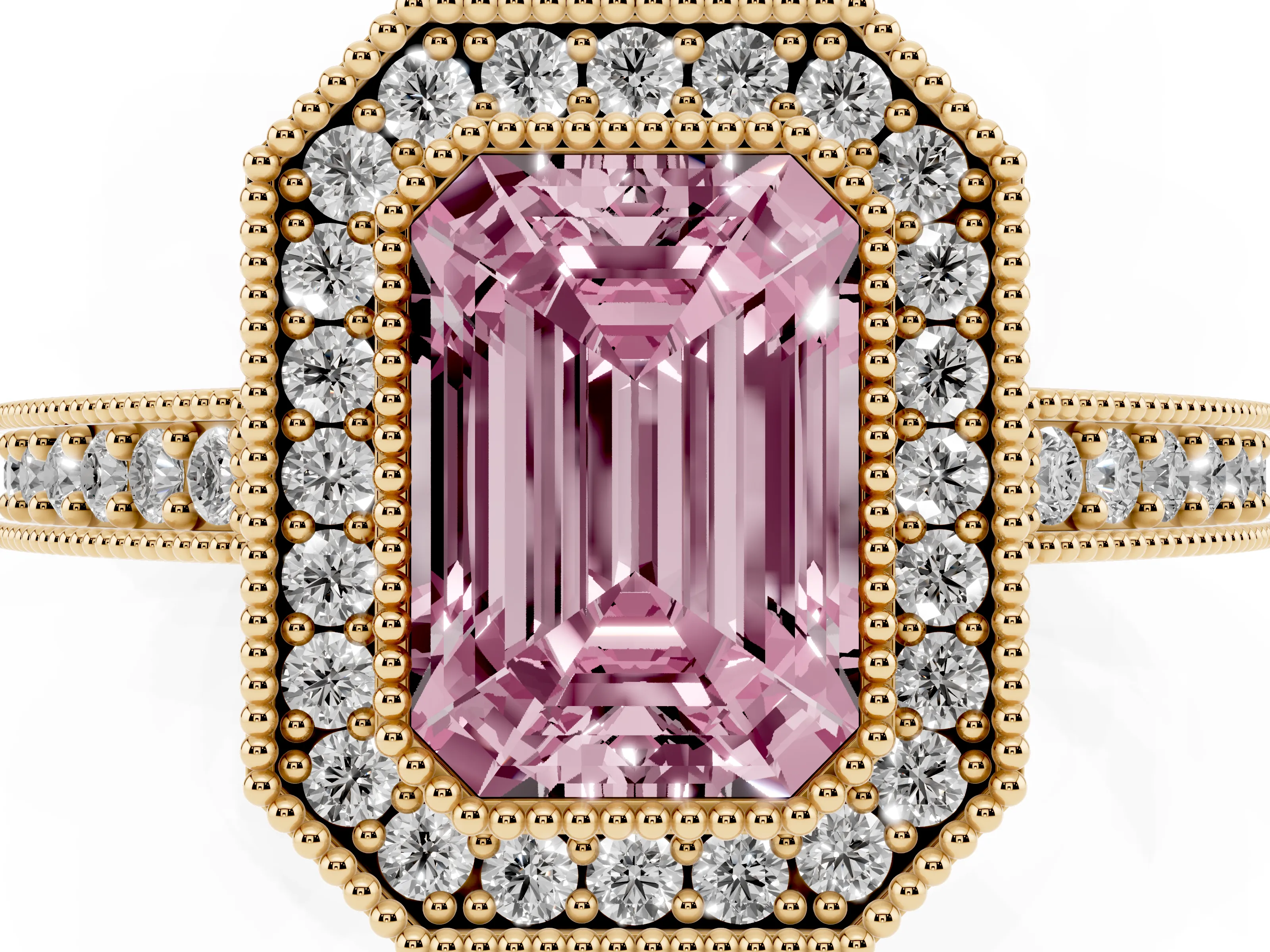 Fancy Pink Emerald Cut Diamond Halo Engagement Ring Set in Yellow gold with Pavé Band and Round Halo Stones
