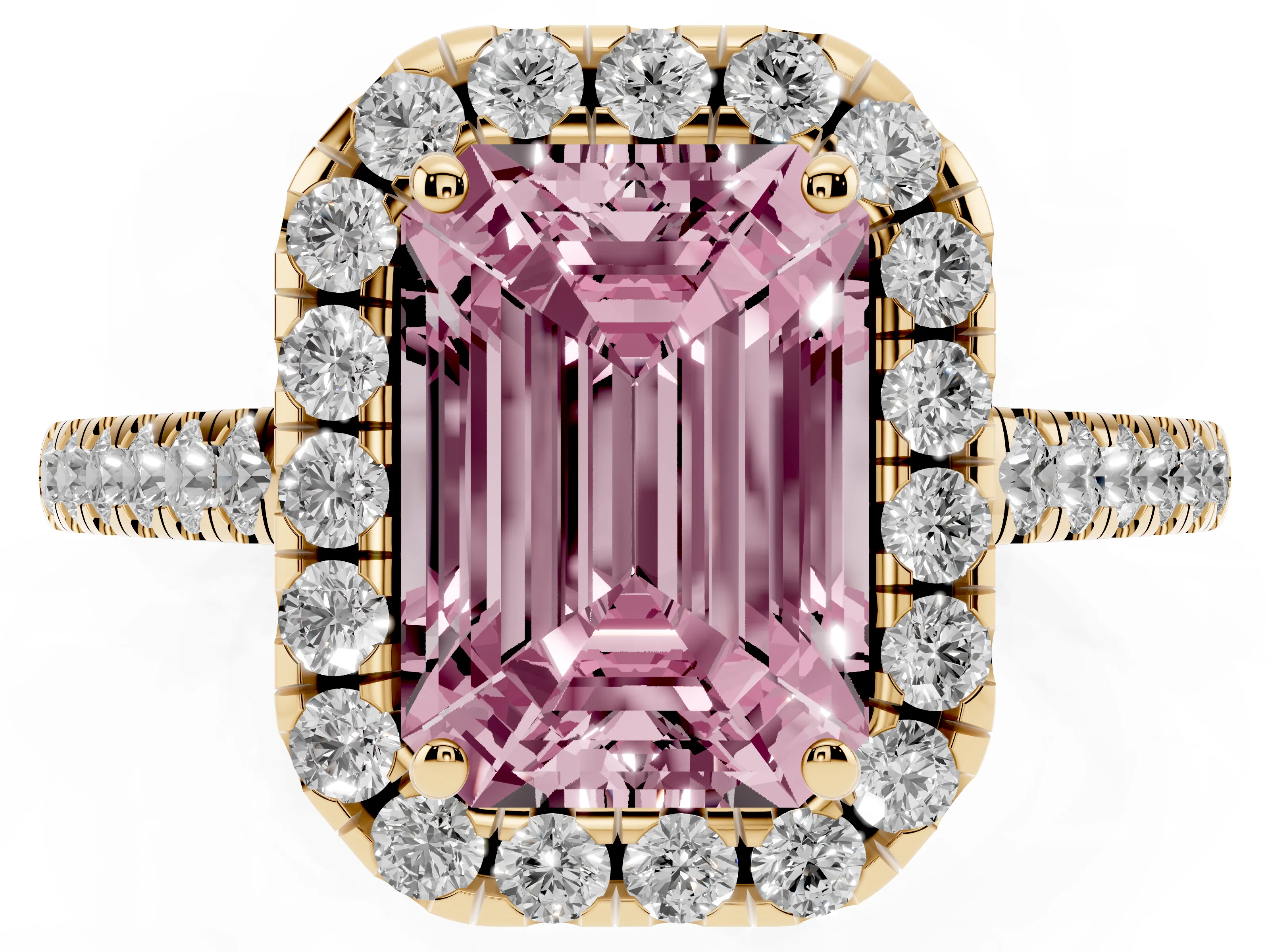 Fancy Pink Emerald Cut Diamond Halo Pavé Engagement Ring Set in Yellow gold with Prong Setting