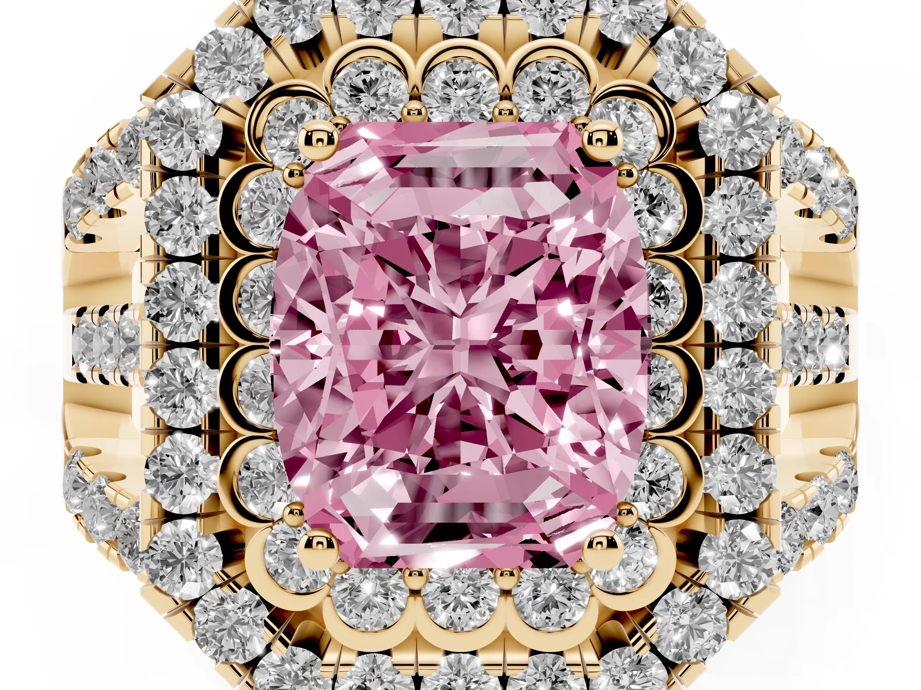Fancy Pink Emerald Cut Diamond Double Halo Ring Set in Yellow gold with Round Pavé Split Shank