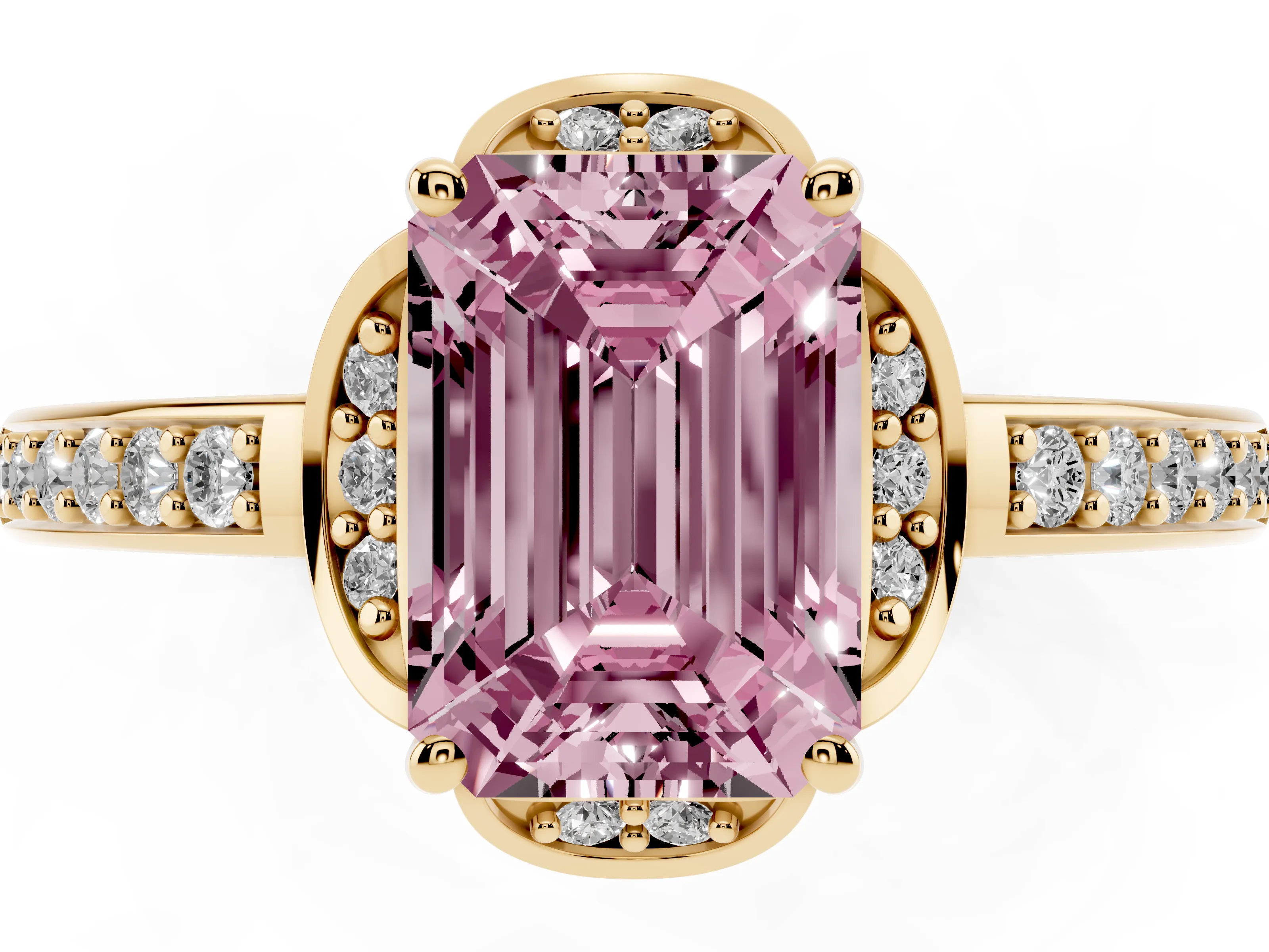 Fancy Pink Emerald Cut Diamond Halo Ring Set in Yellow gold with Channel Set Band and Prong Setting