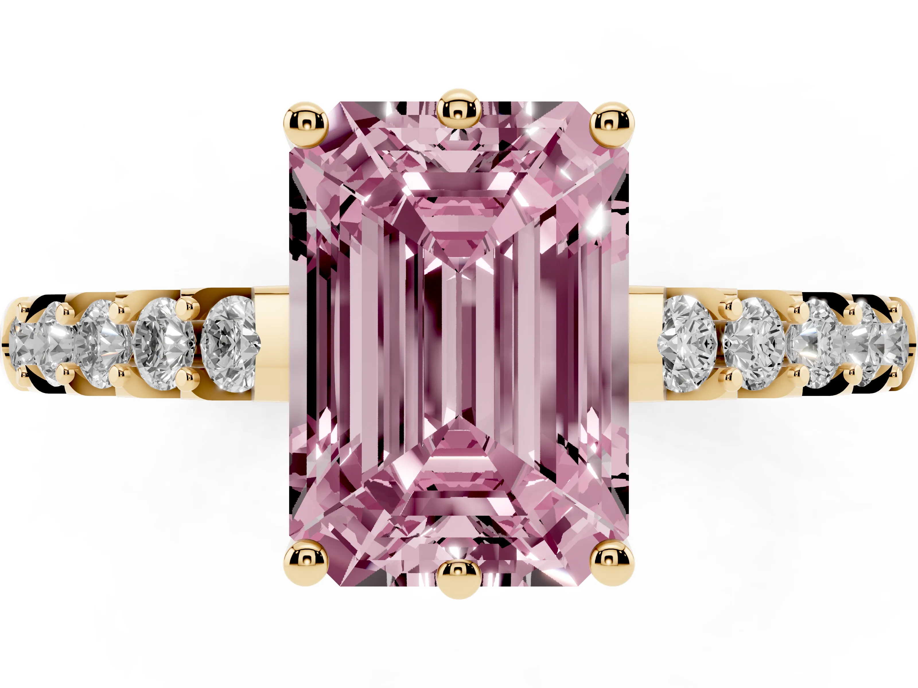 Fancy Pink Emerald Cut Diamond Solitaire Engagement Ring Set in Yellow gold with Pavé Band and Prong Setting