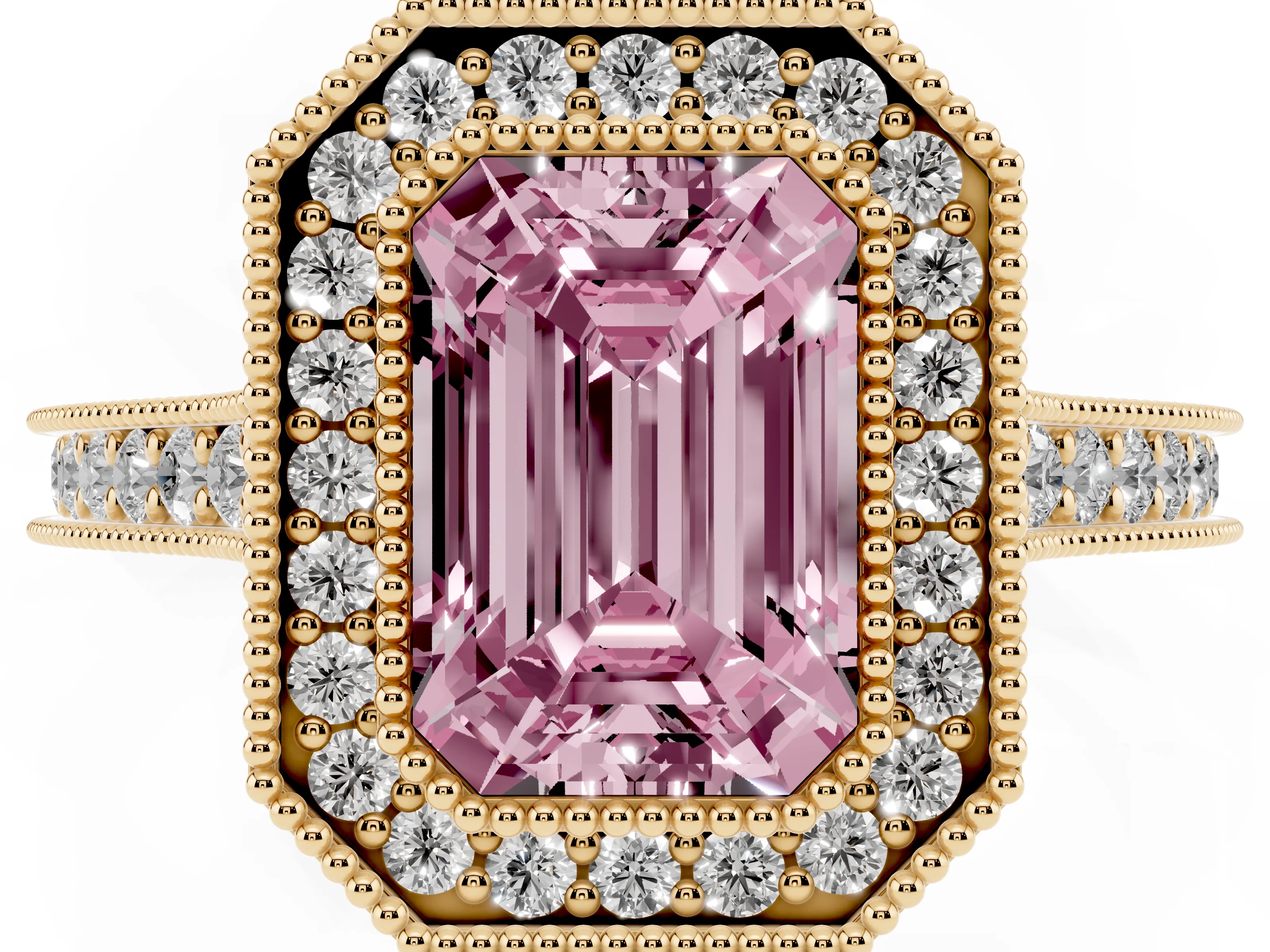 Fancy Pink Emerald Cut Diamond Halo Milgrain Pavé Band Ring Set in Yellow gold with Prong Setting
