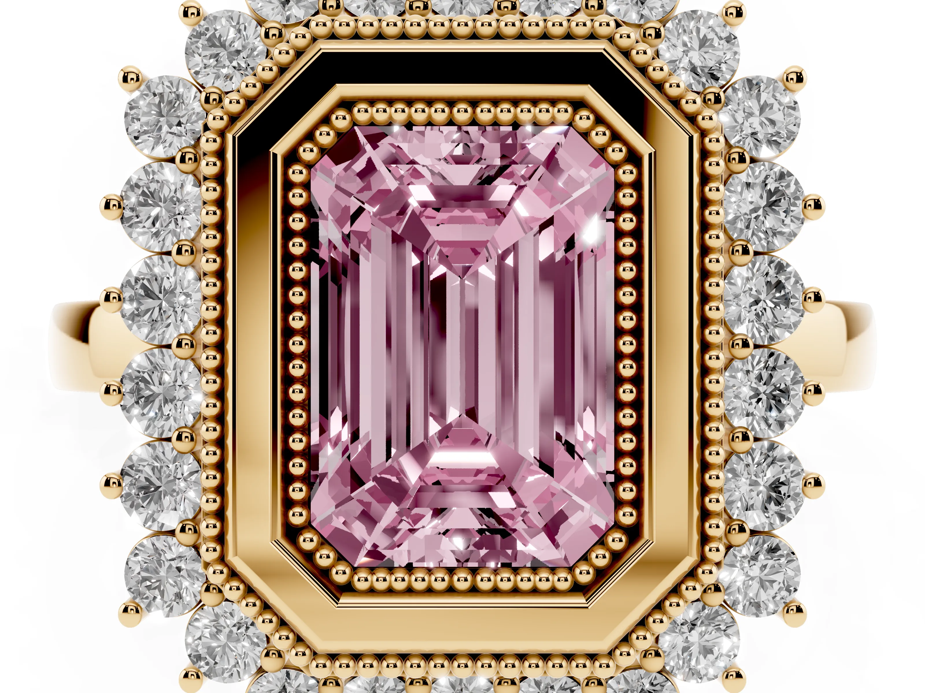 Fancy Pink Emerald Cut Diamond Halo Ring Set in Yellow gold with Milgrain Edge and Round Prong Setting