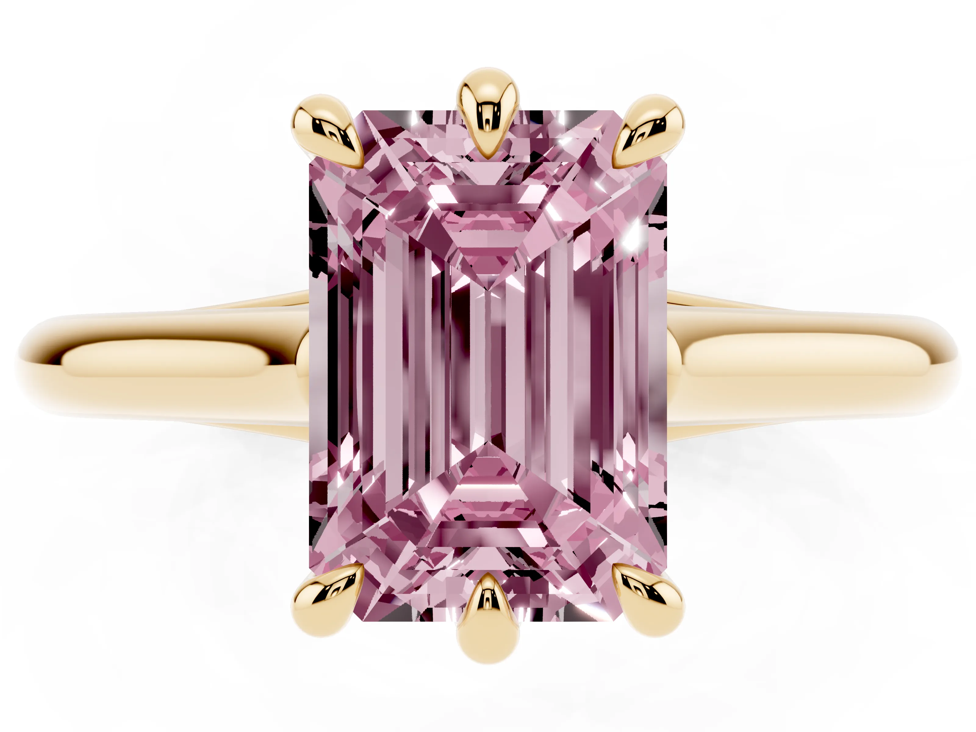Fancy Pink Emerald Cut Diamond Solitaire Engagement Ring Set in Yellow gold with Prong Setting and Plain Classic Band