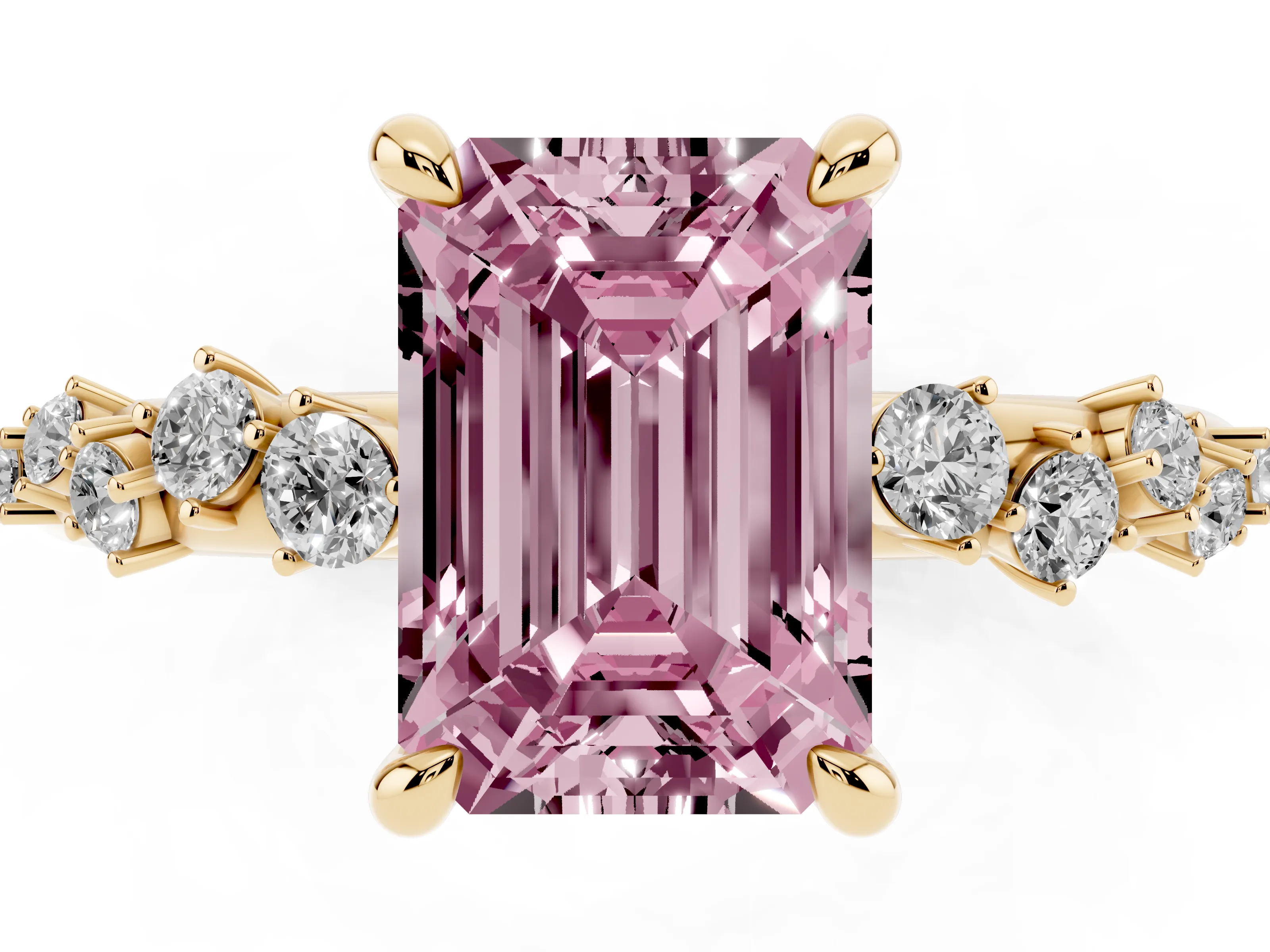 Fancy Pink Emerald Cut Diamond Solitaire Vine Band Ring Set in Yellow gold with Round Accents and Prong Setting