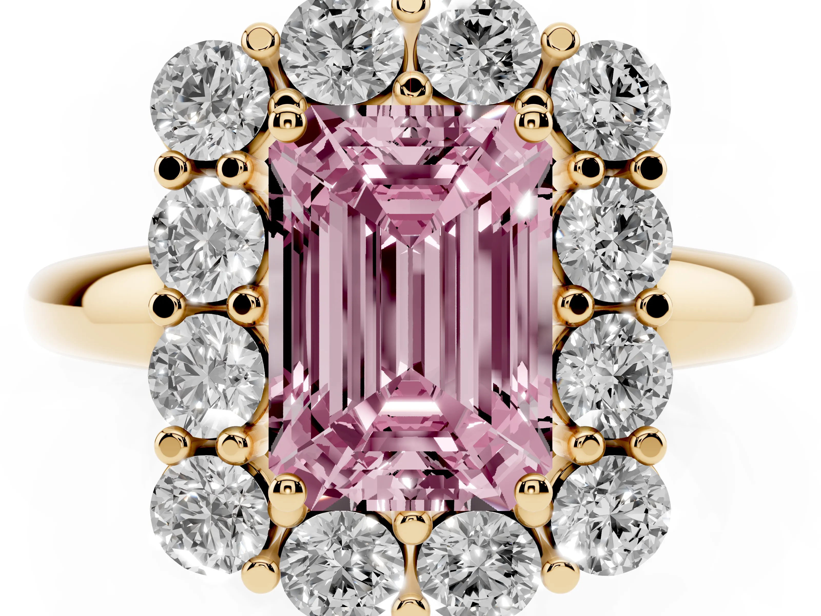 Fancy Pink Emerald Cut Diamond Halo Cluster Engagement Ring Set in Yellow gold with Polished Band and Prong Setting