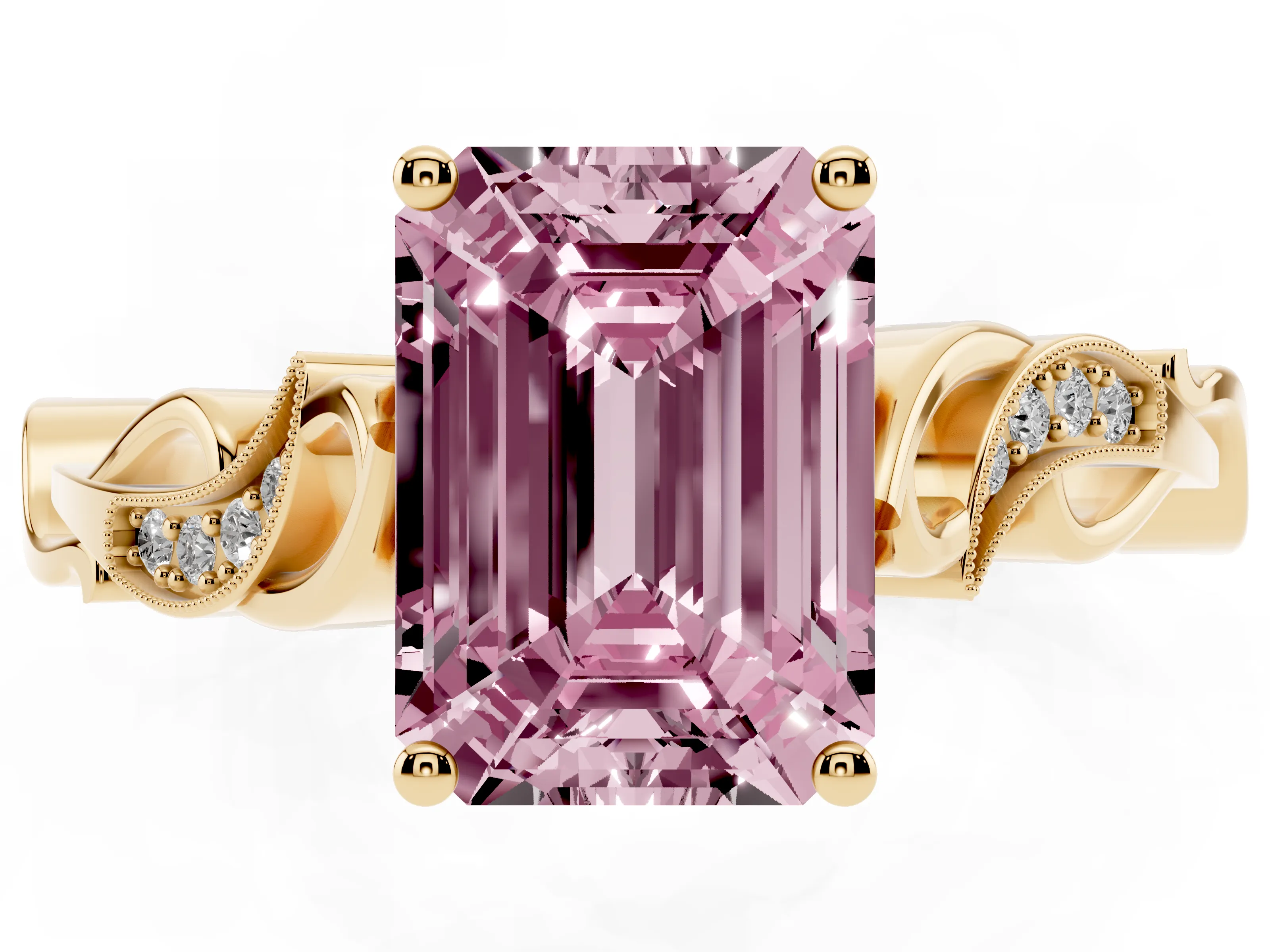 Fancy Pink Emerald Cut Diamond Vine Band Solitaire Ring Set in Yellow gold with Milgrain Prong Setting