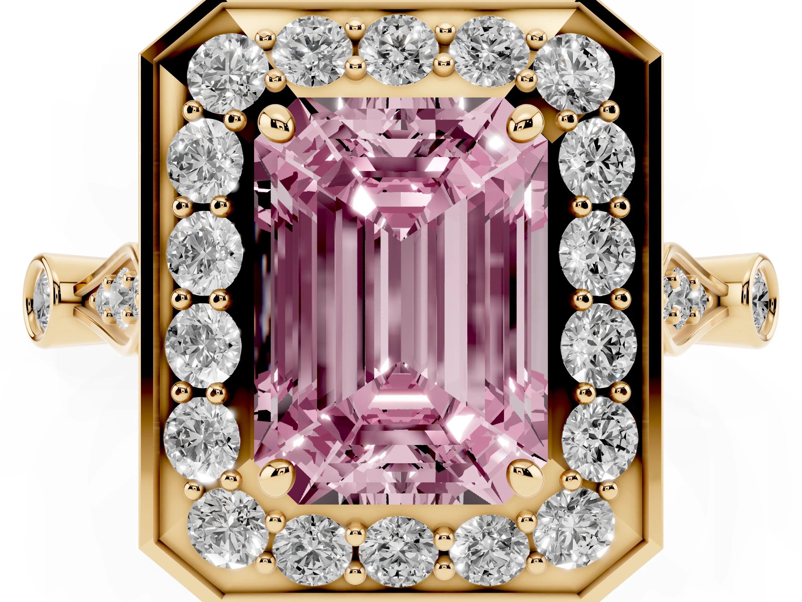 Fancy Pink Emerald Cut Diamond Halo Engagement Ring Set in Yellow gold with Twisted Band and Prong Setting