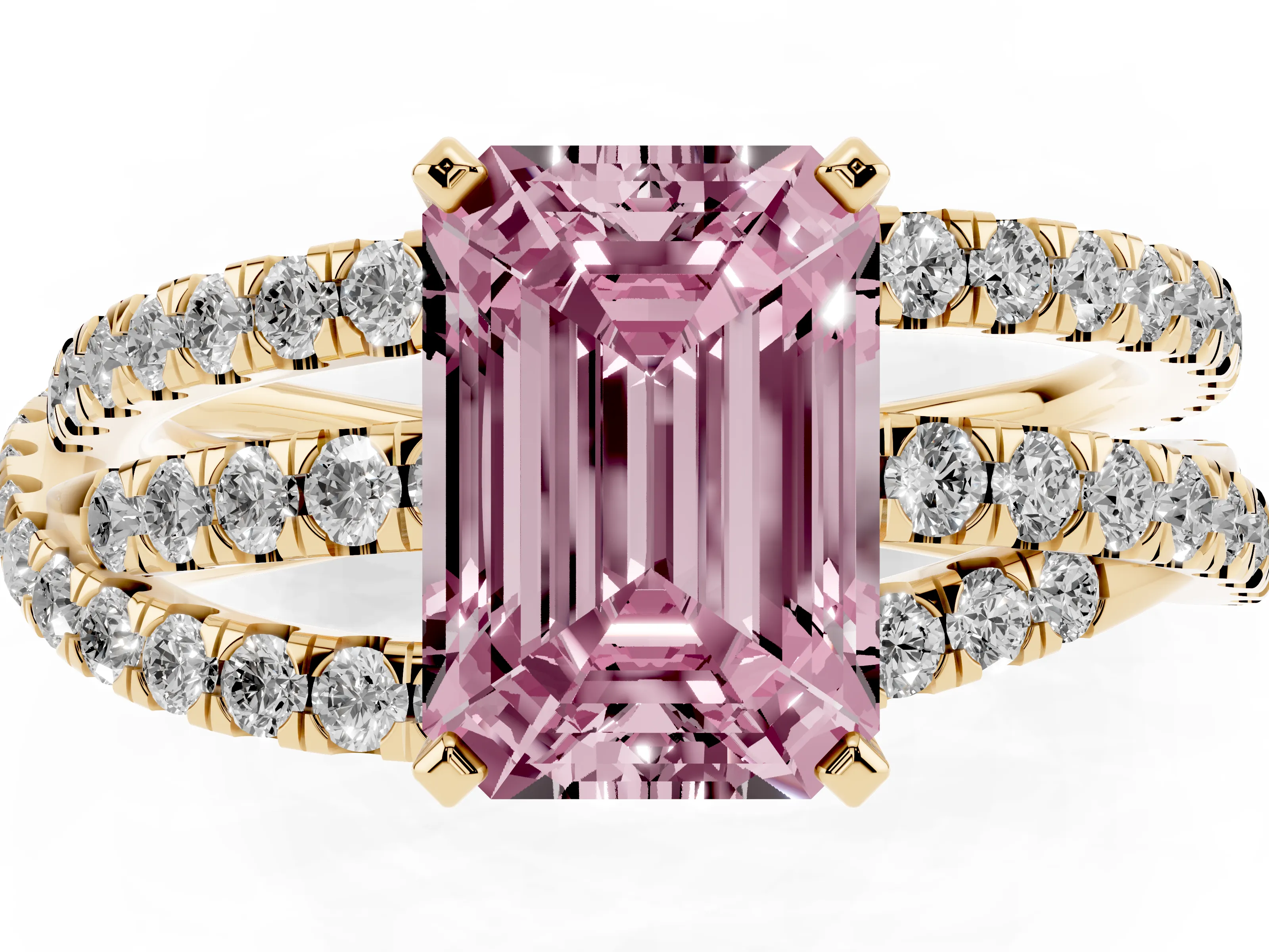 Fancy Pink Emerald Cut Diamond Solitaire Twist Band Ring Set in Yellow gold with Pavé Setting and Prong Head