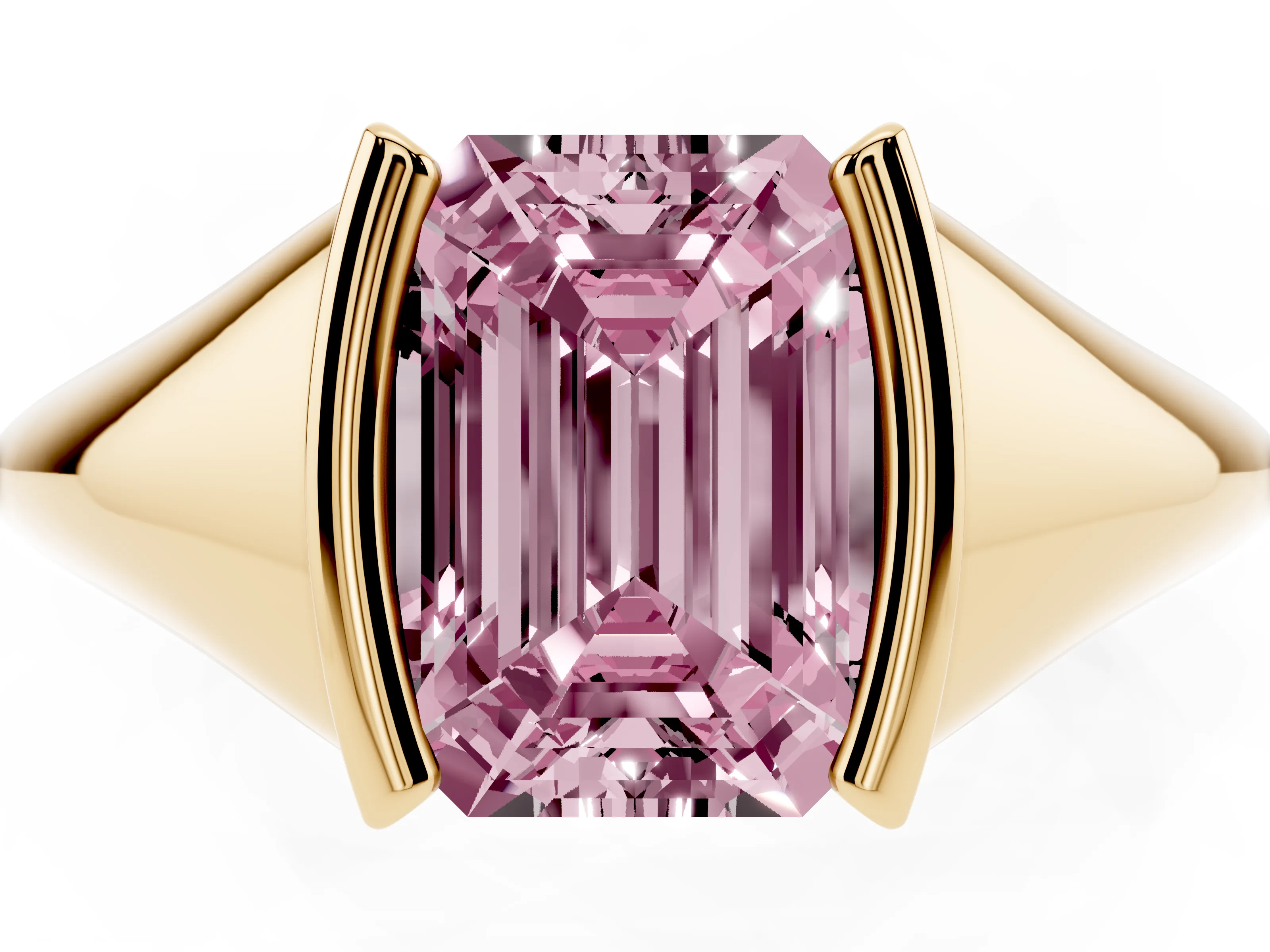 Fancy Pink Emerald Cut Diamond Solitaire Tension Set Ring Set in Yellow gold