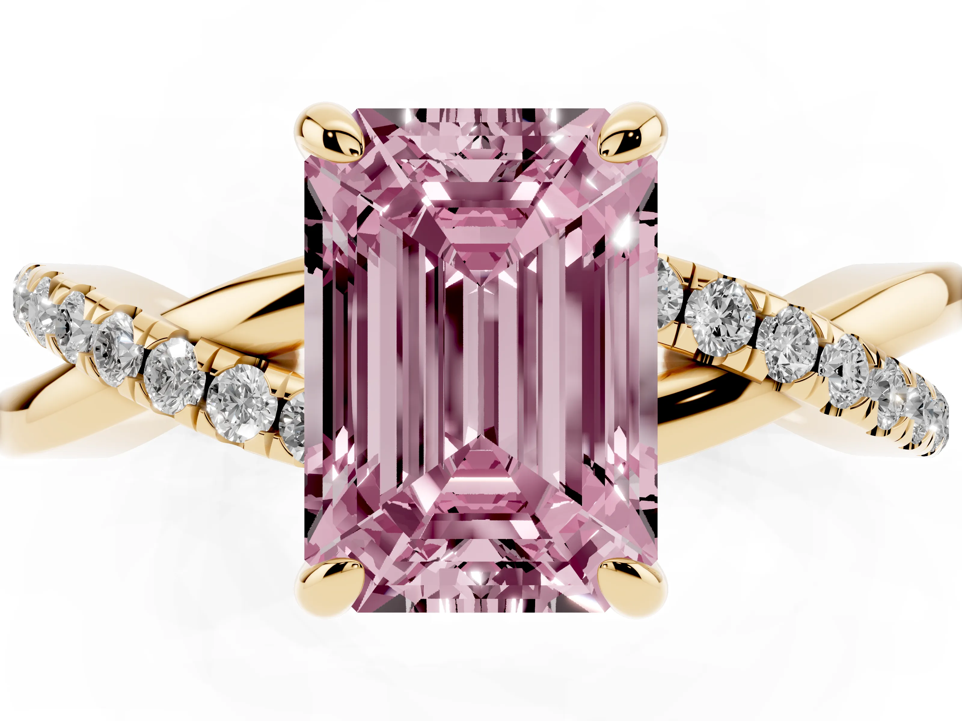 Fancy Pink Emerald Cut Diamond Twist Band Pavé Solitaire Ring Set in Yellow gold with Prong Setting