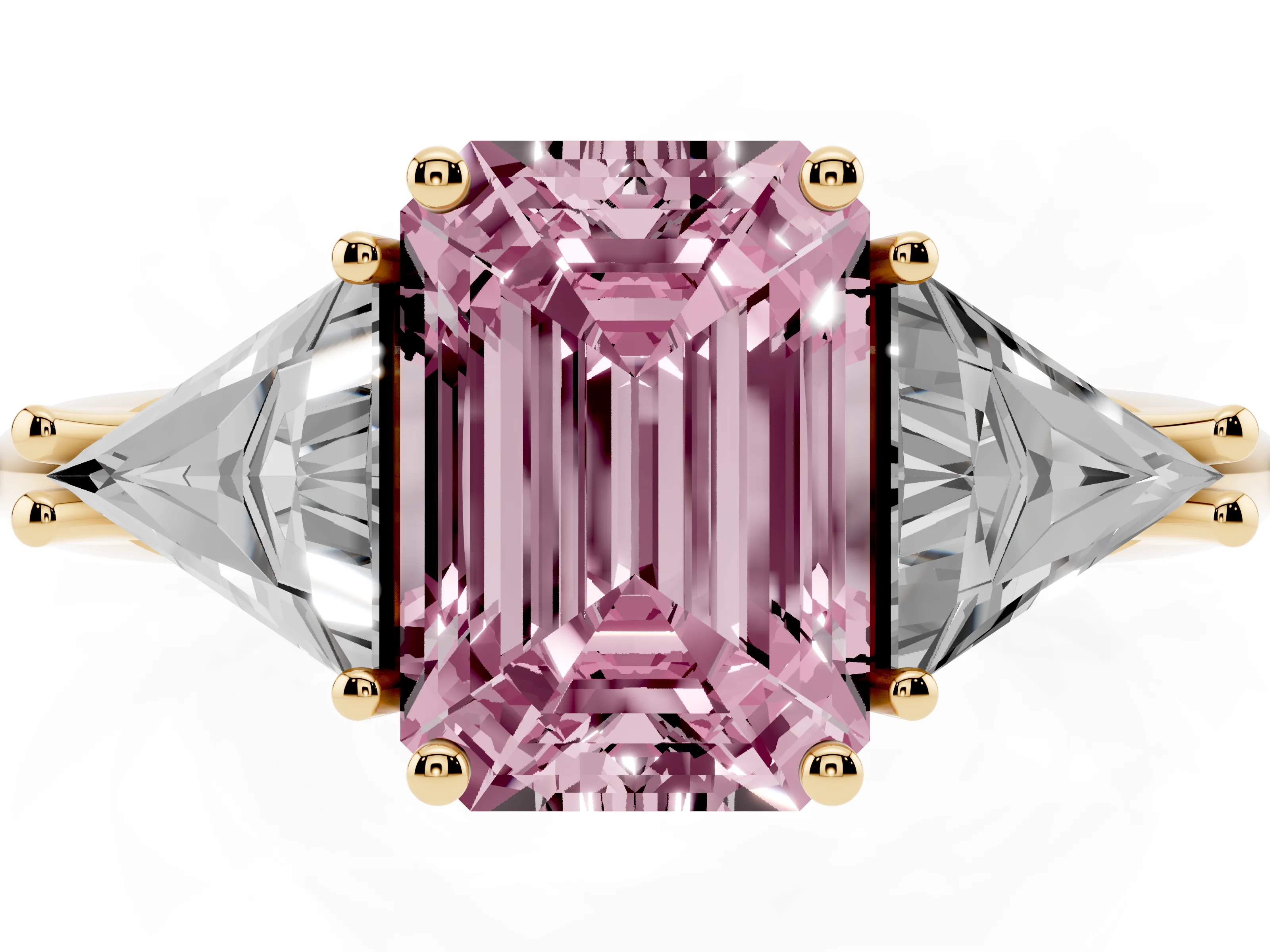 Fancy Pink Emerald Cut Diamond Three-Stone Engagement Ring Set in Yellow gold with Trillion Side Stones