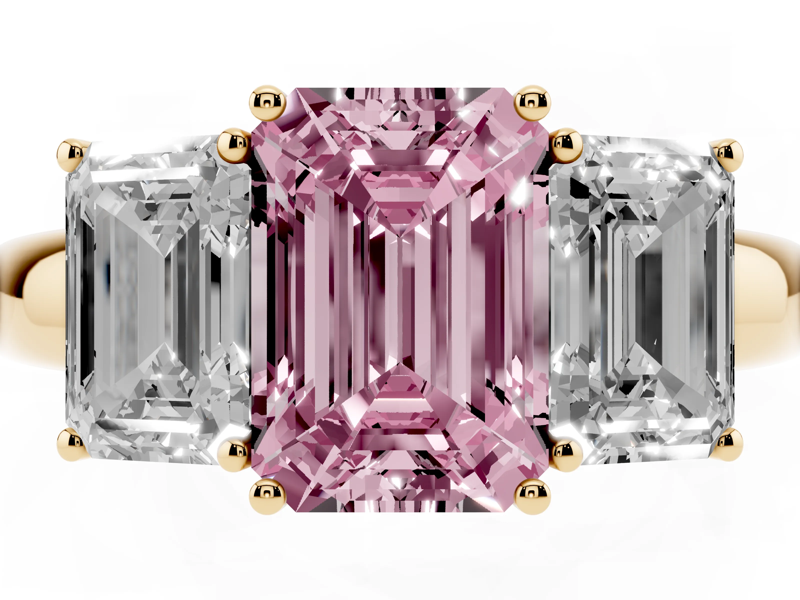 Fancy Pink Emerald Cut Diamond Three-Stone Ring Set in Yellow gold with Bold Center and Classic Band