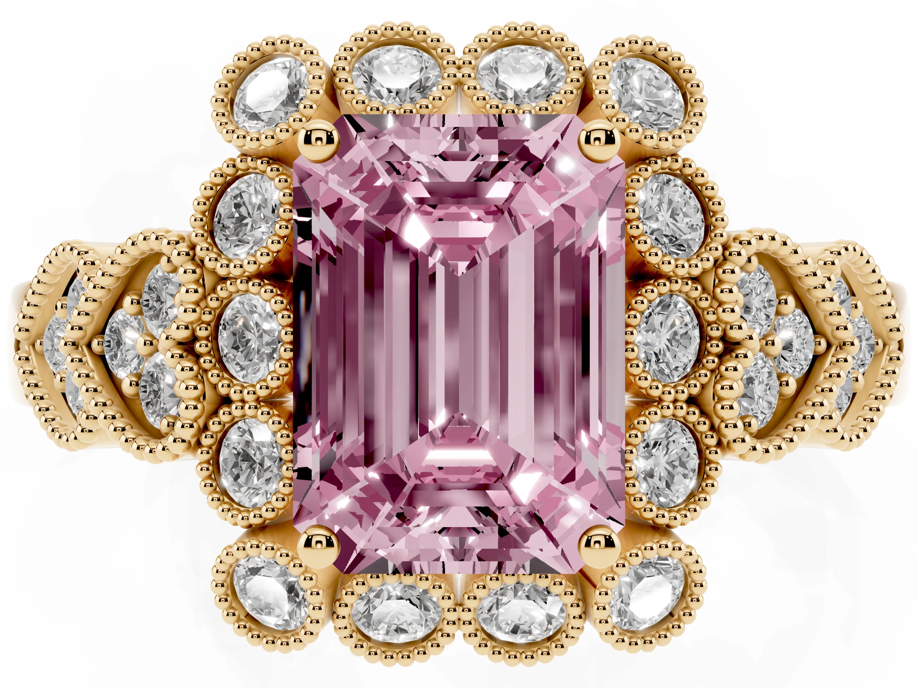 Fancy Pink Emerald Cut Diamond Solitaire Ring Set in Yellow gold with Milgrain Pavé Heart Band