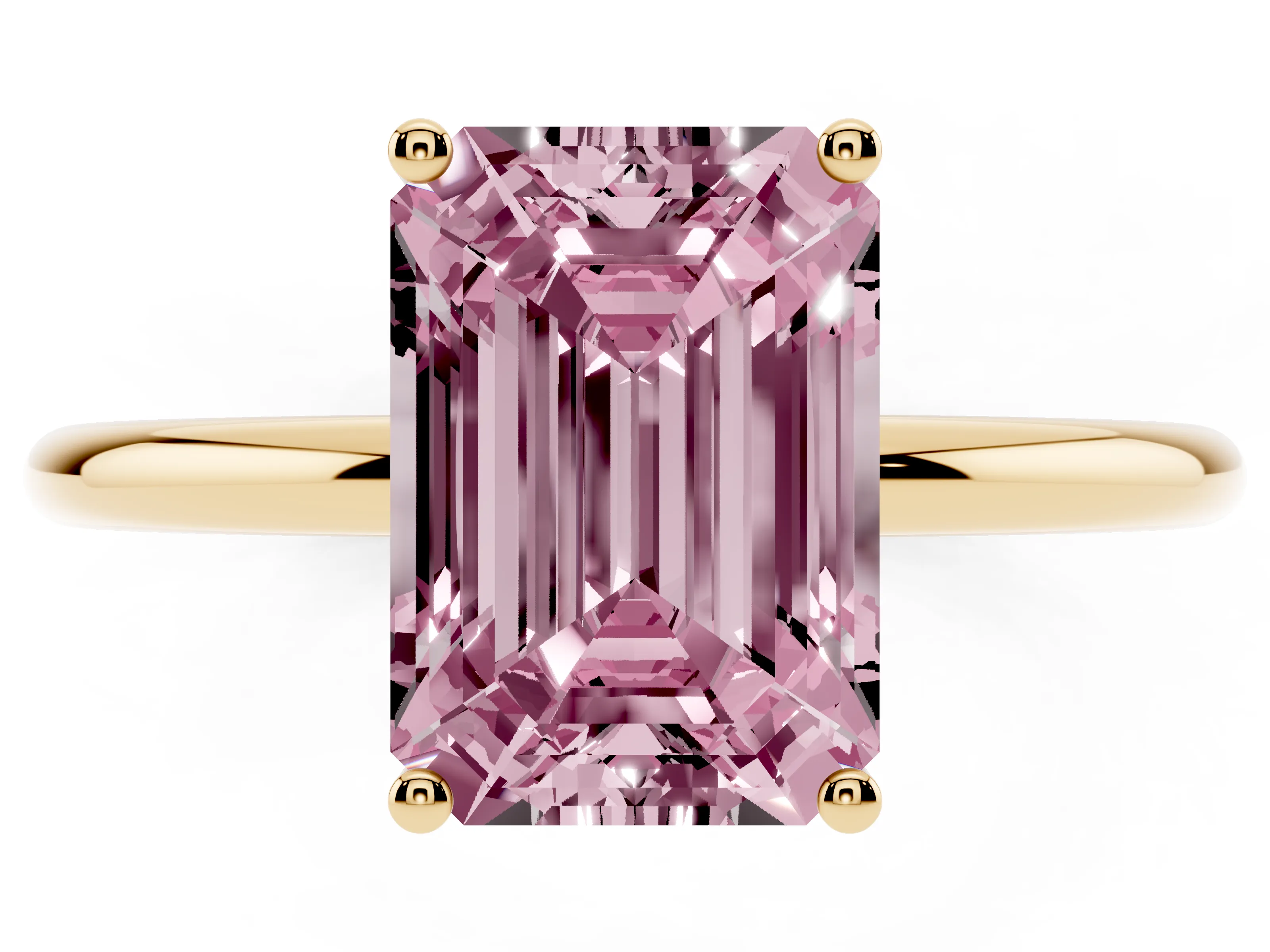 Fancy Pink Emerald Cut Diamond Solitaire Engagement Ring Set in Yellow gold with Thin Band and Prong Setting