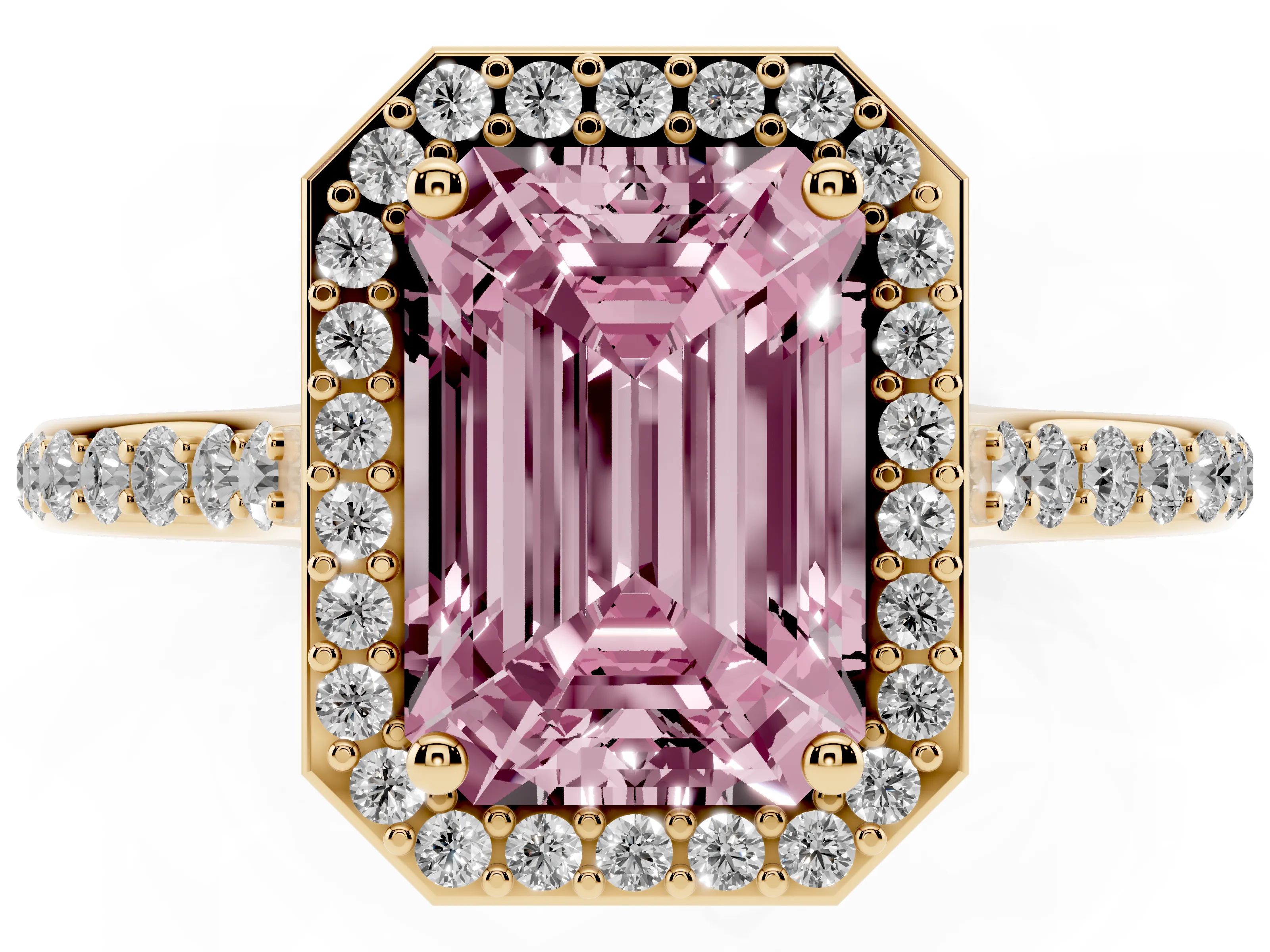 Fancy Pink Emerald Cut Diamond Halo Engagement Ring Set in Yellow gold with Round Pavé Shoulders and Heart Gallery