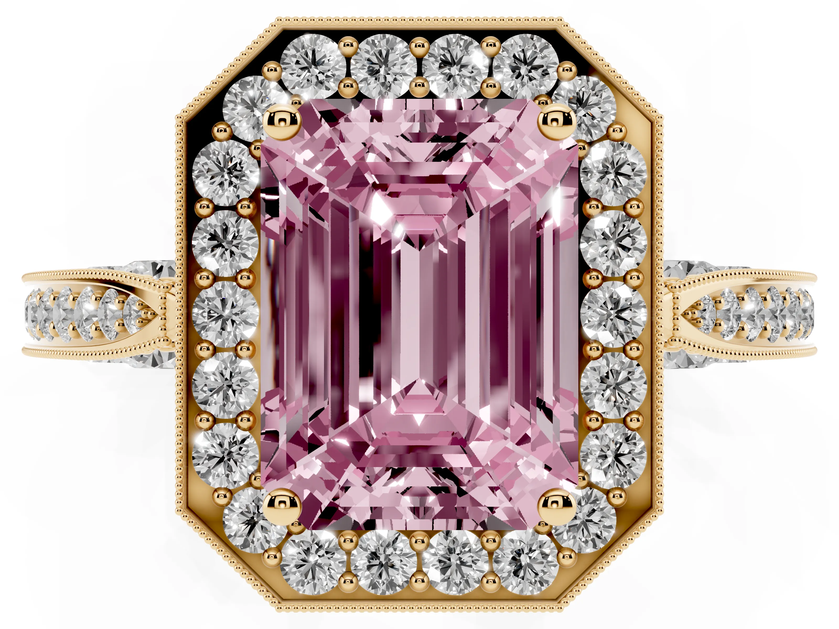 Fancy Pink Emerald Cut Diamond Halo Engagement Ring Set in Yellow gold with Accent Split Shank Band