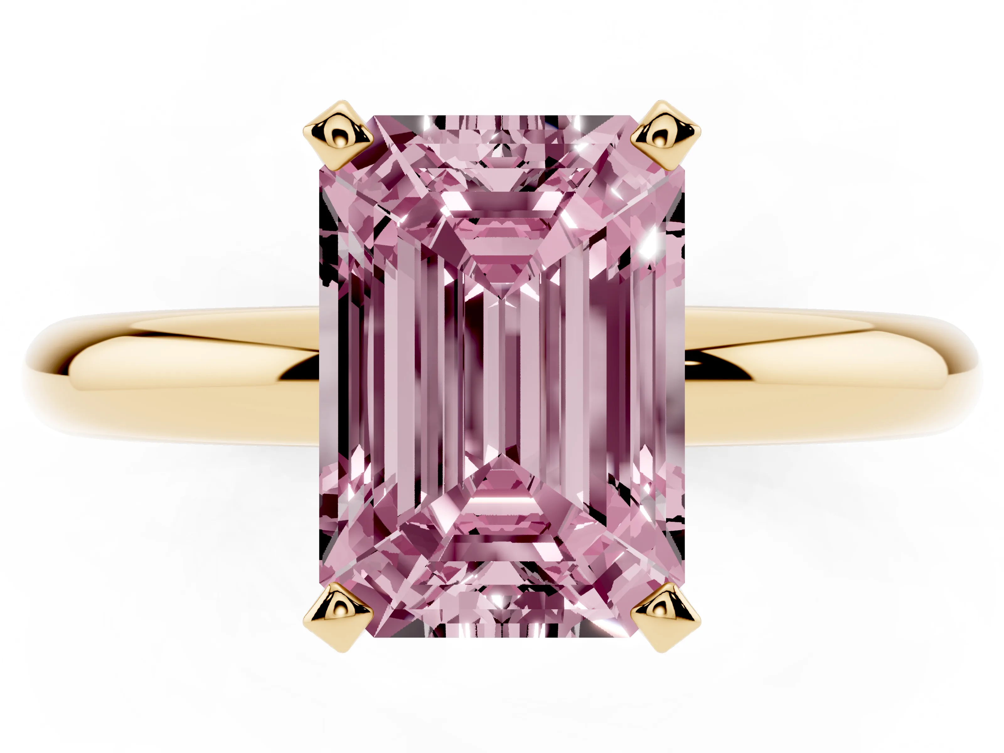 Fancy Pink Emerald Cut Diamond Solitaire Engagement Ring Set in Yellow gold with Round Band and Prong Setting