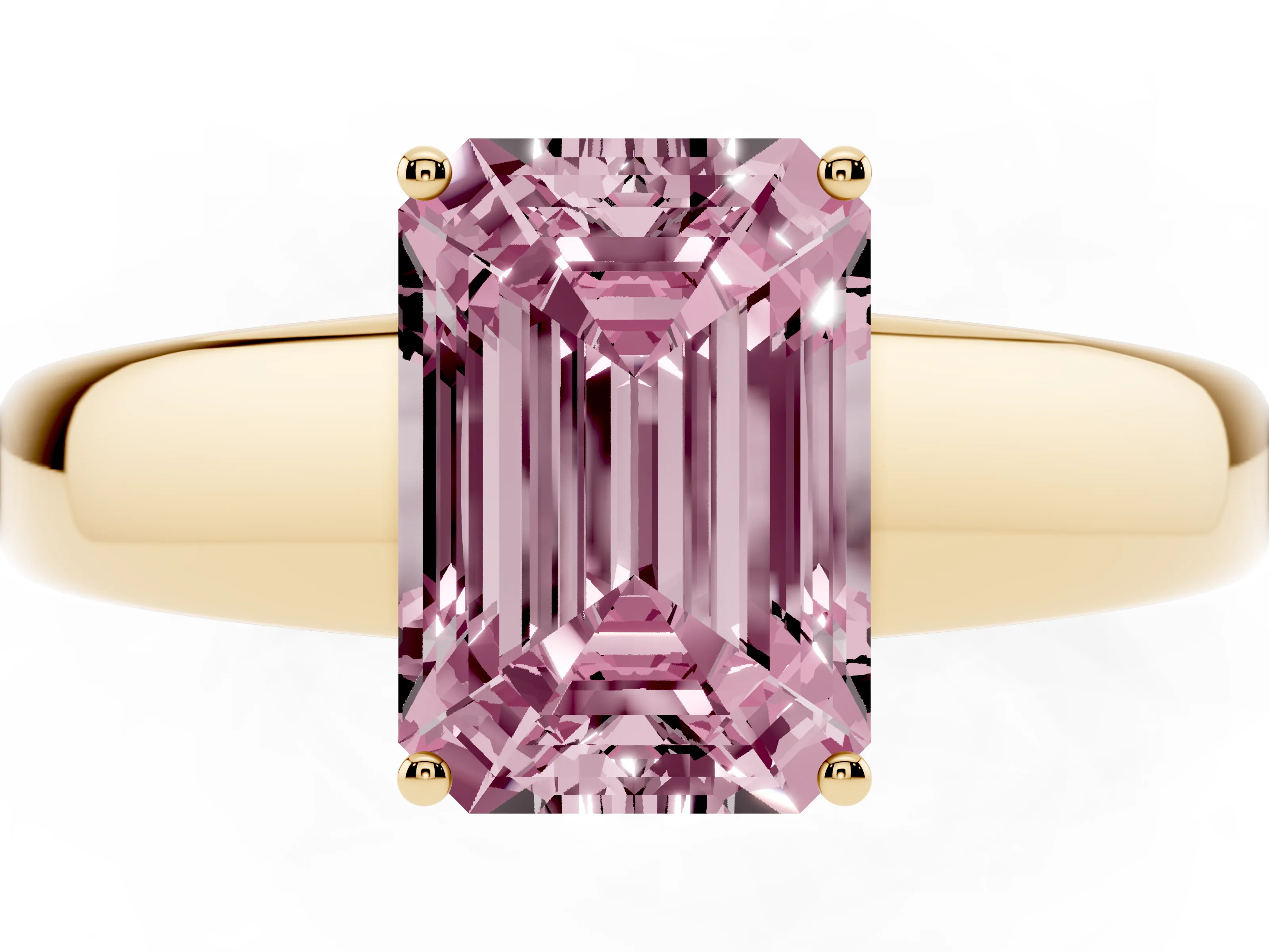 Fancy Pink Emerald Cut Diamond Solitaire Ring Set in Yellow gold with Tapered Band and Prong Setting