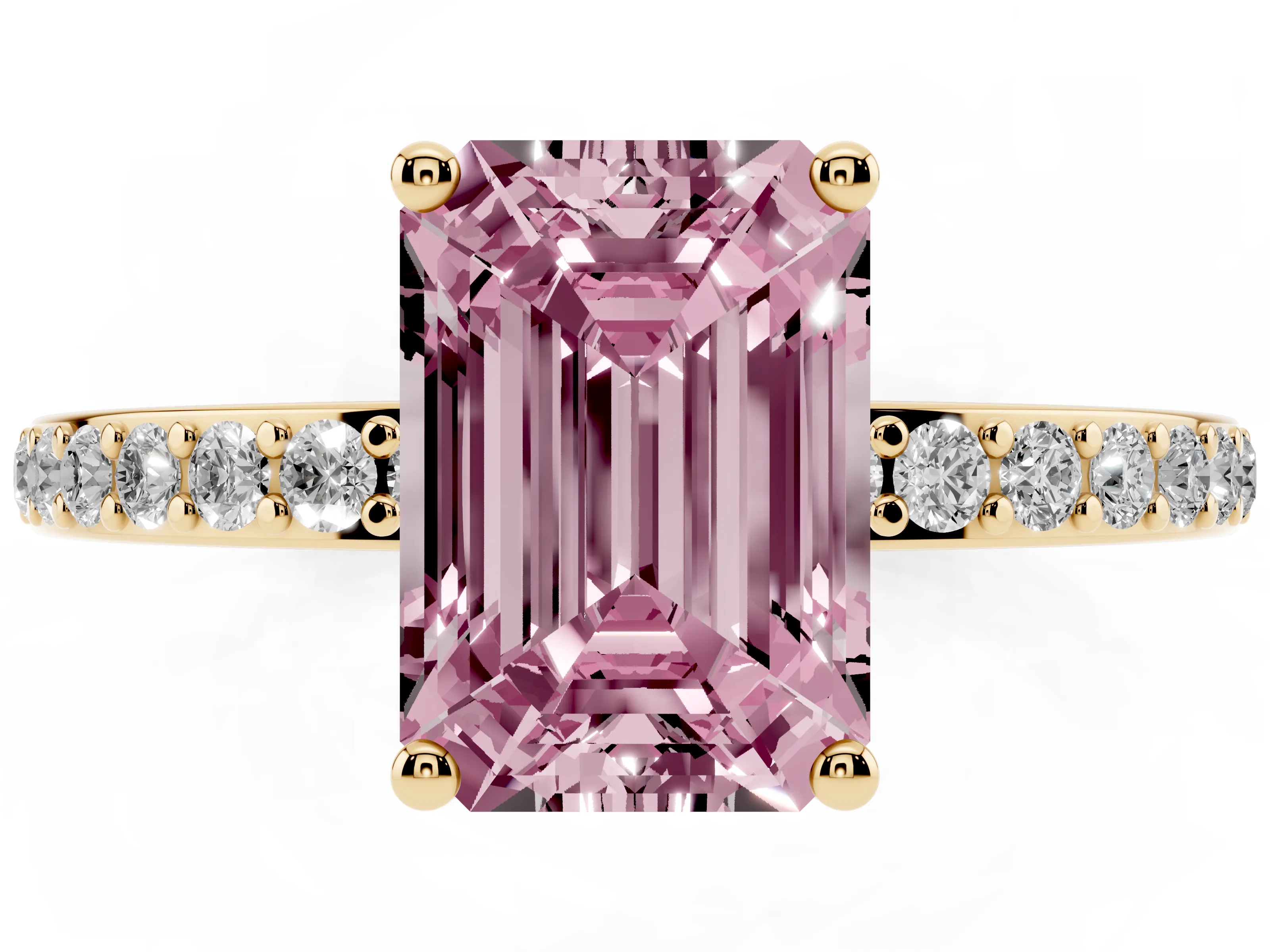 Fancy Pink Emerald Cut Diamond Pavé Band Ring Set in Yellow gold with Prong-Set Center Stone