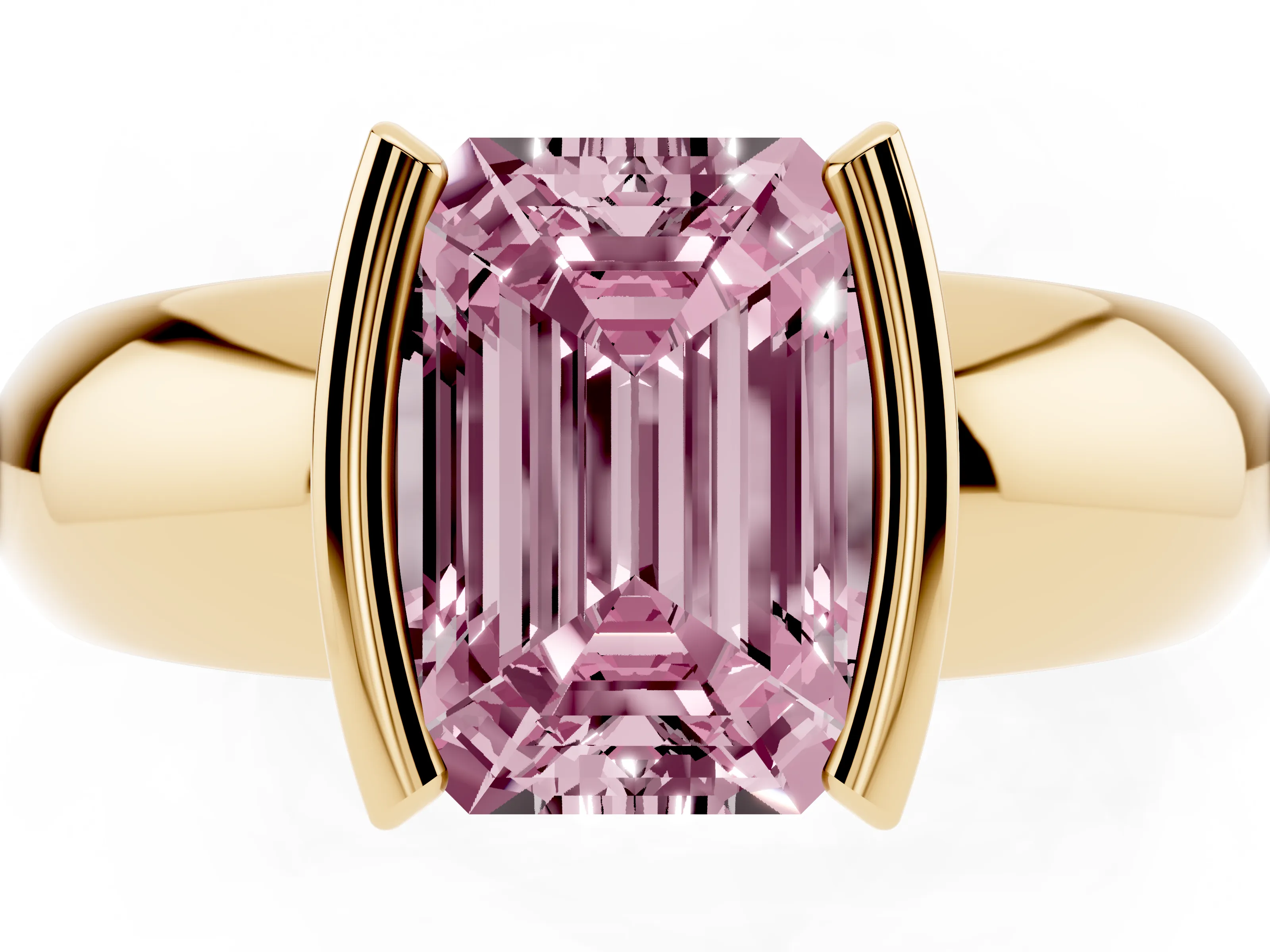 Fancy Pink Emerald Cut Diamond Solitaire Tension Set Ring Set in Yellow gold with Wide Band