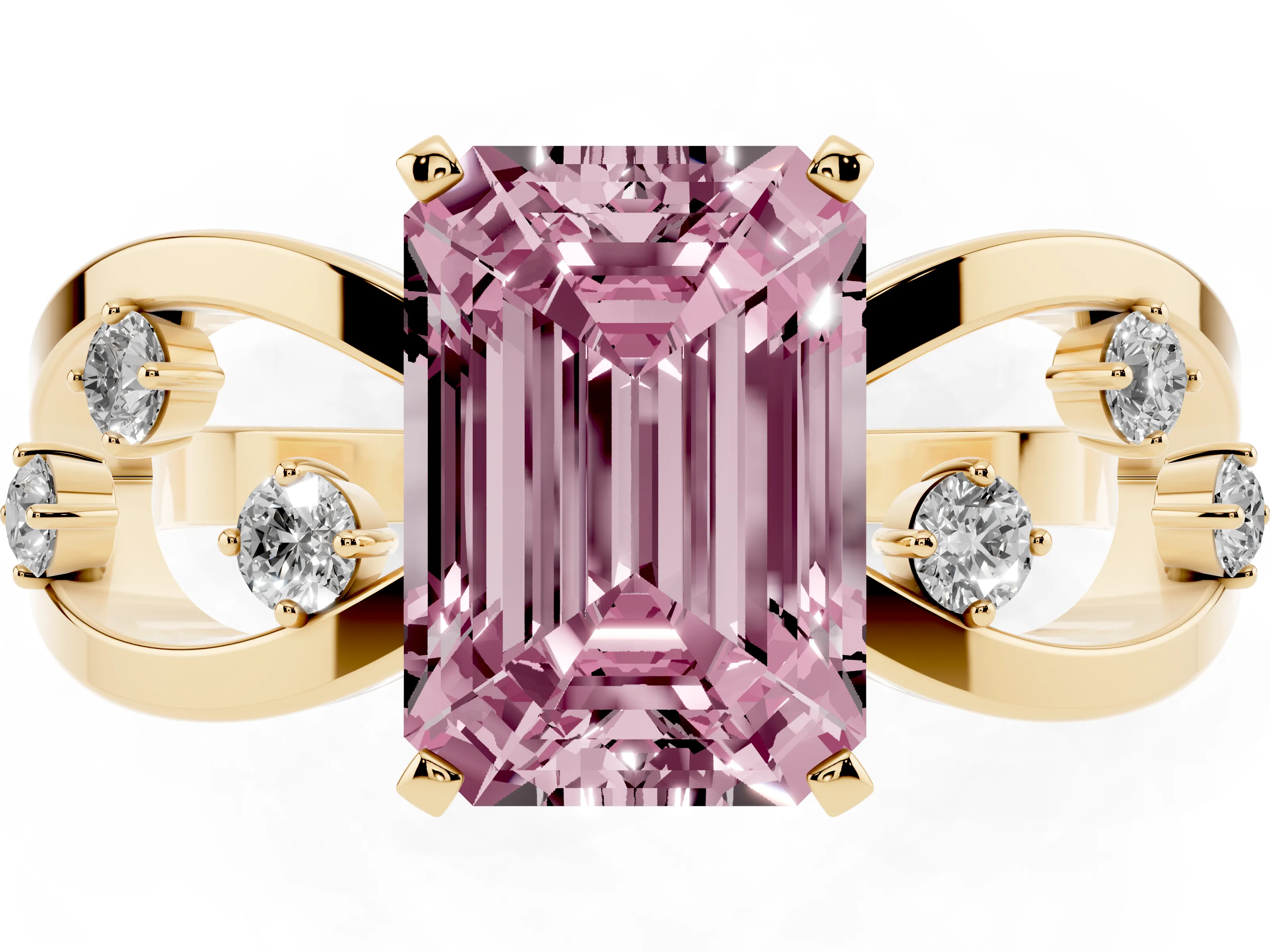 Fancy Pink Emerald Cut Diamond Solitaire Ring Set in Yellow gold with Side Stones on Criss-Cross Band and Prong Setting