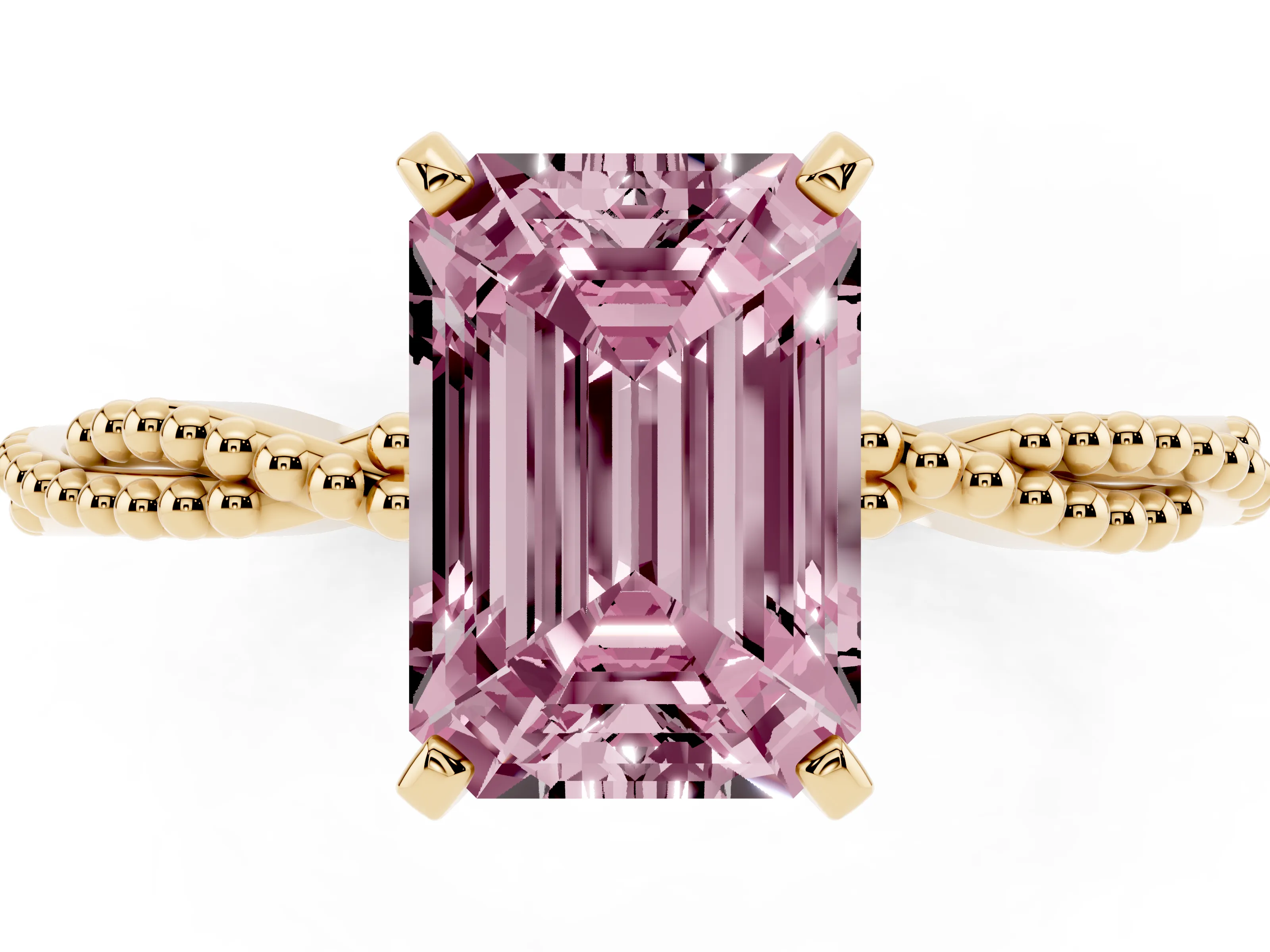 Fancy Pink Emerald Cut Diamond Solitaire Ring Set in Yellow gold with Twisted Band and Bead Prong Setting