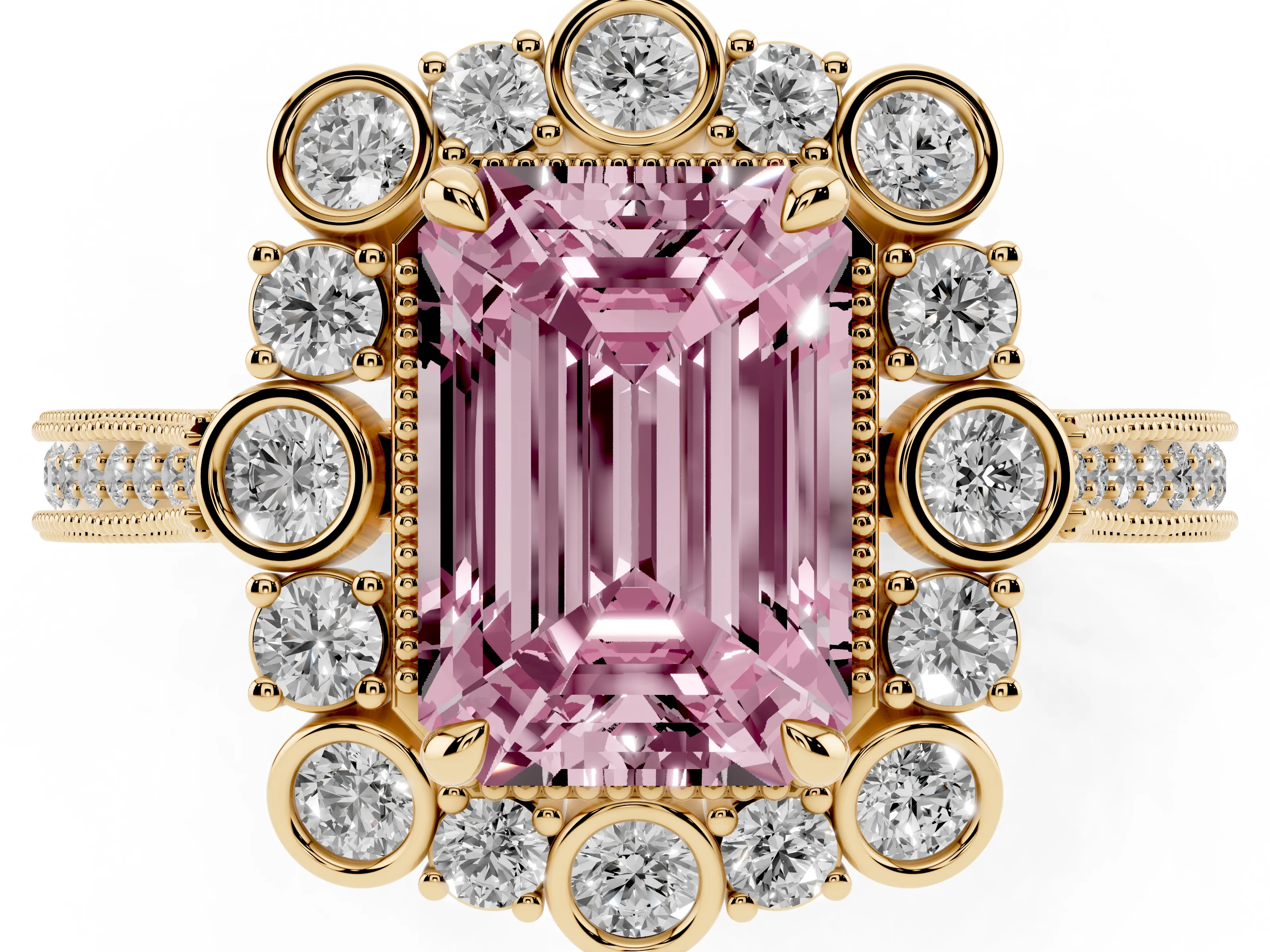 Fancy Pink Emerald Cut Diamond Halo Milgrain Pavé Ring Set in Yellow gold with Prong Setting