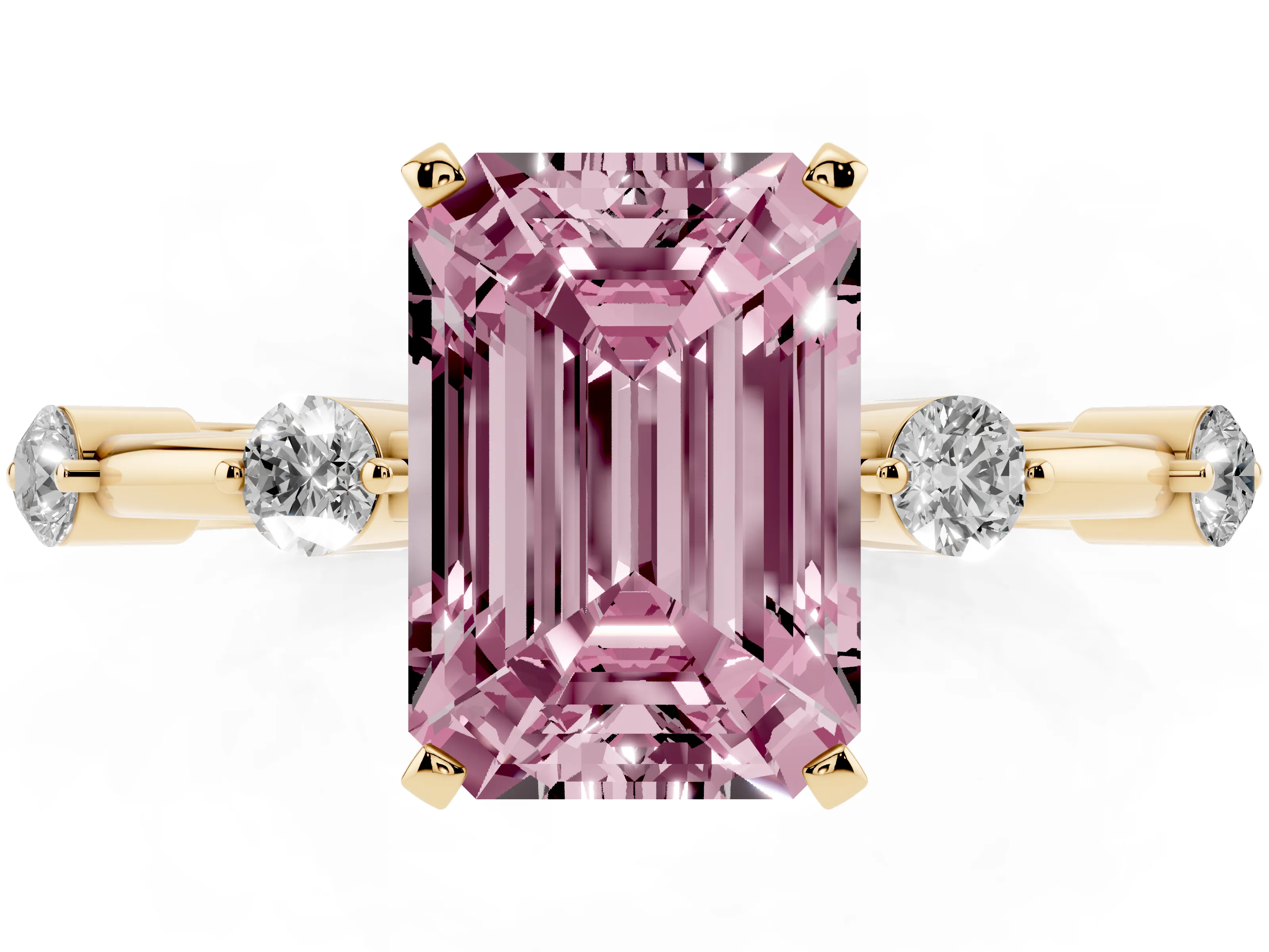 Fancy Pink Emerald Cut Diamond Solitaire Ring Set in Yellow gold with Bezel Set Side Stones and Prong Setting