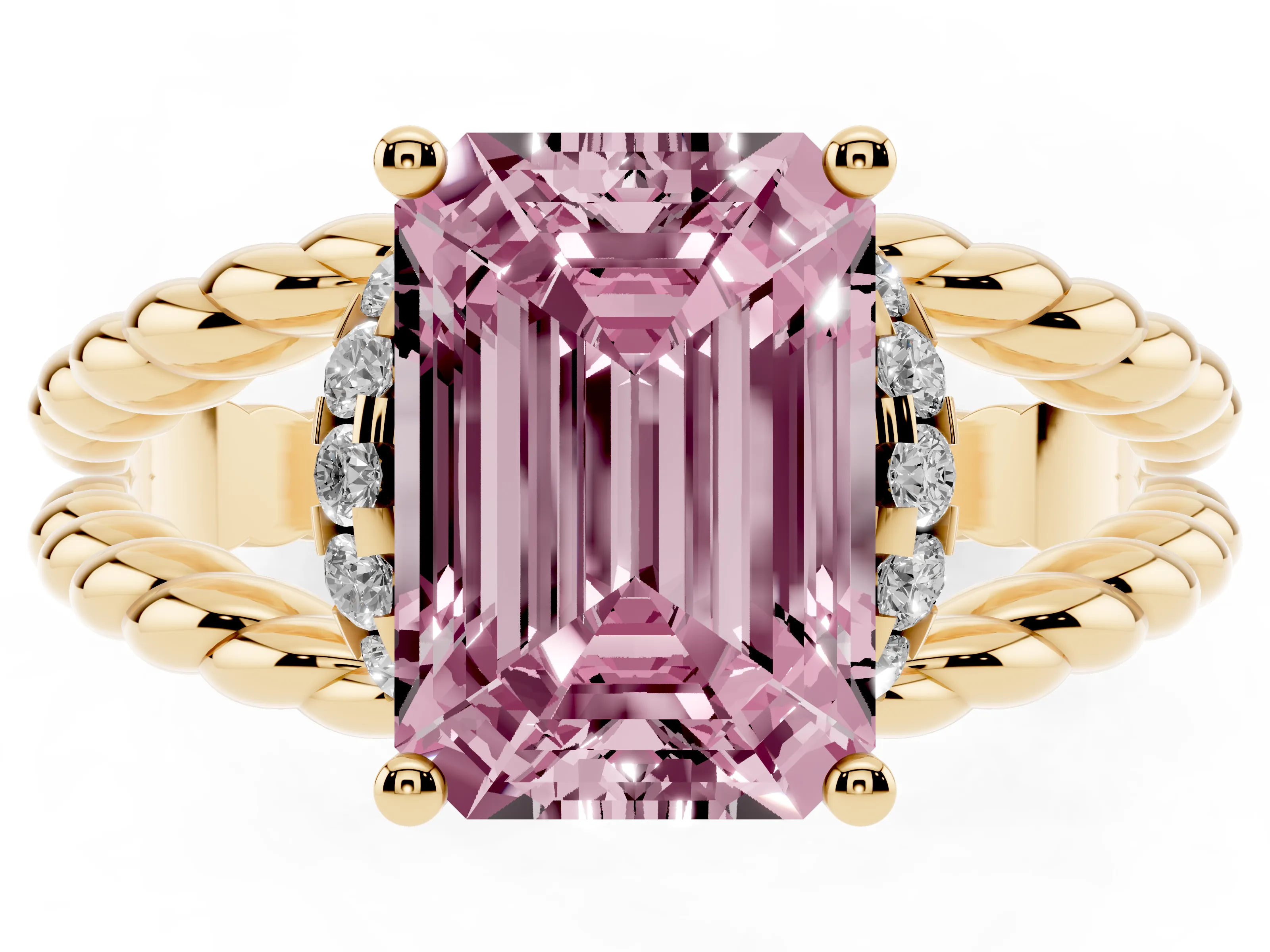 Fancy Pink Emerald Cut Diamond Halo Ring Set in Yellow gold with Twisted Band and Prong Setting