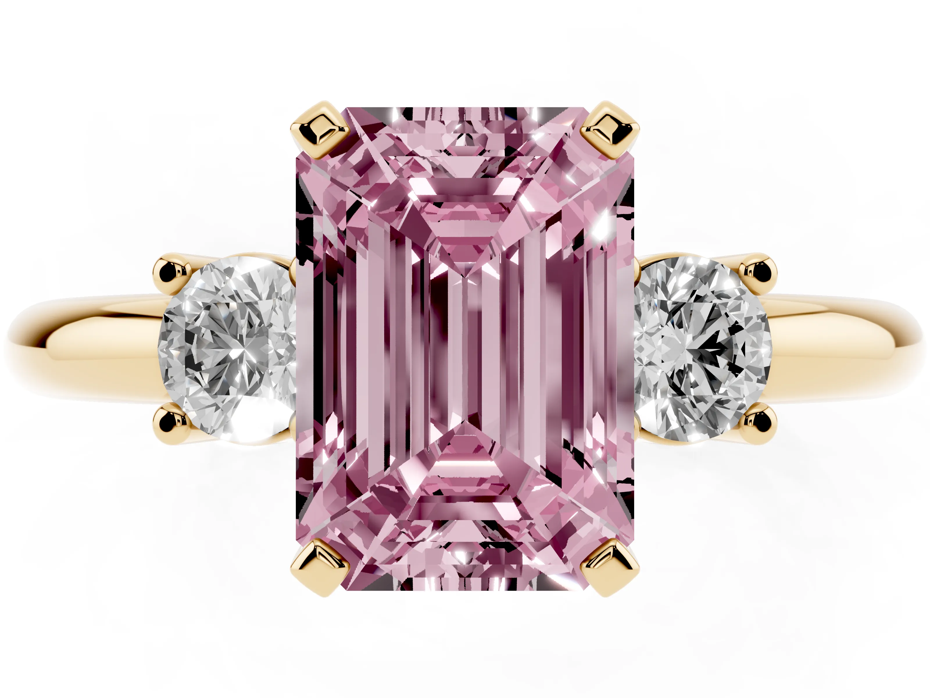 Fancy Pink Three-Stone Emerald Cut Diamond Ring Set in Yellow gold with Prong Setting and Plain Band