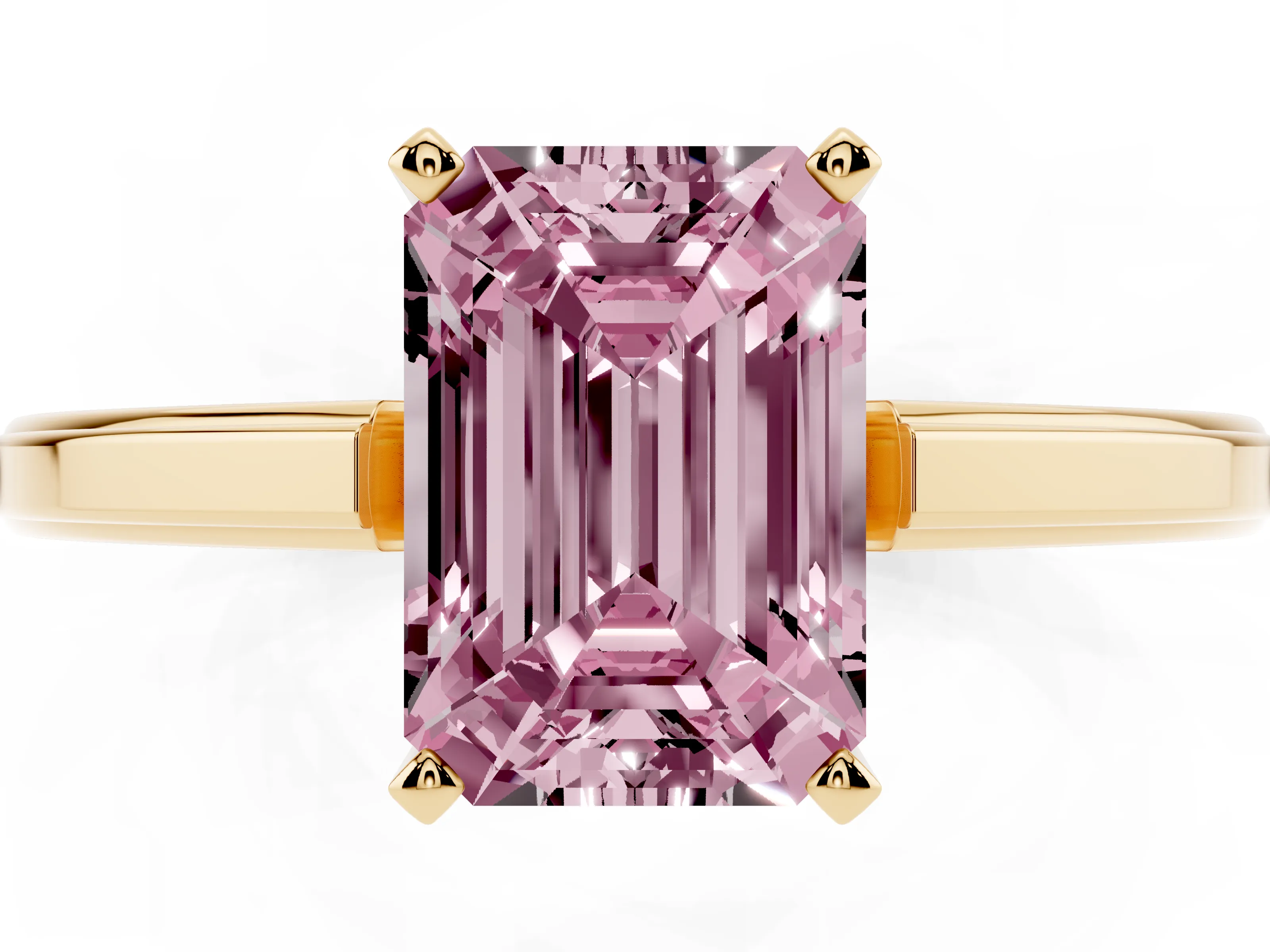 Fancy Pink Emerald Cut Diamond Solitaire Ring Set in Yellow gold with Prong Setting and Classic Band