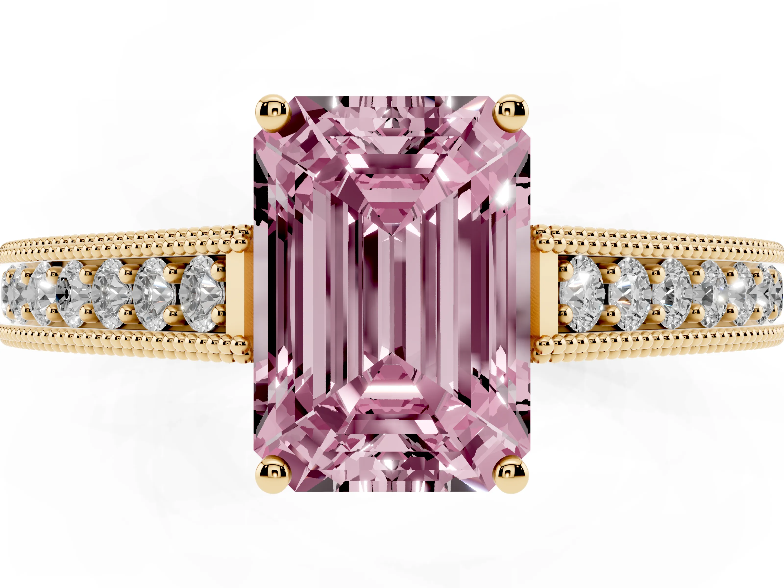 Fancy Pink Emerald Cut Diamond Milgrain Pavé Band Solitaire Ring Set in Yellow gold with Prong Setting