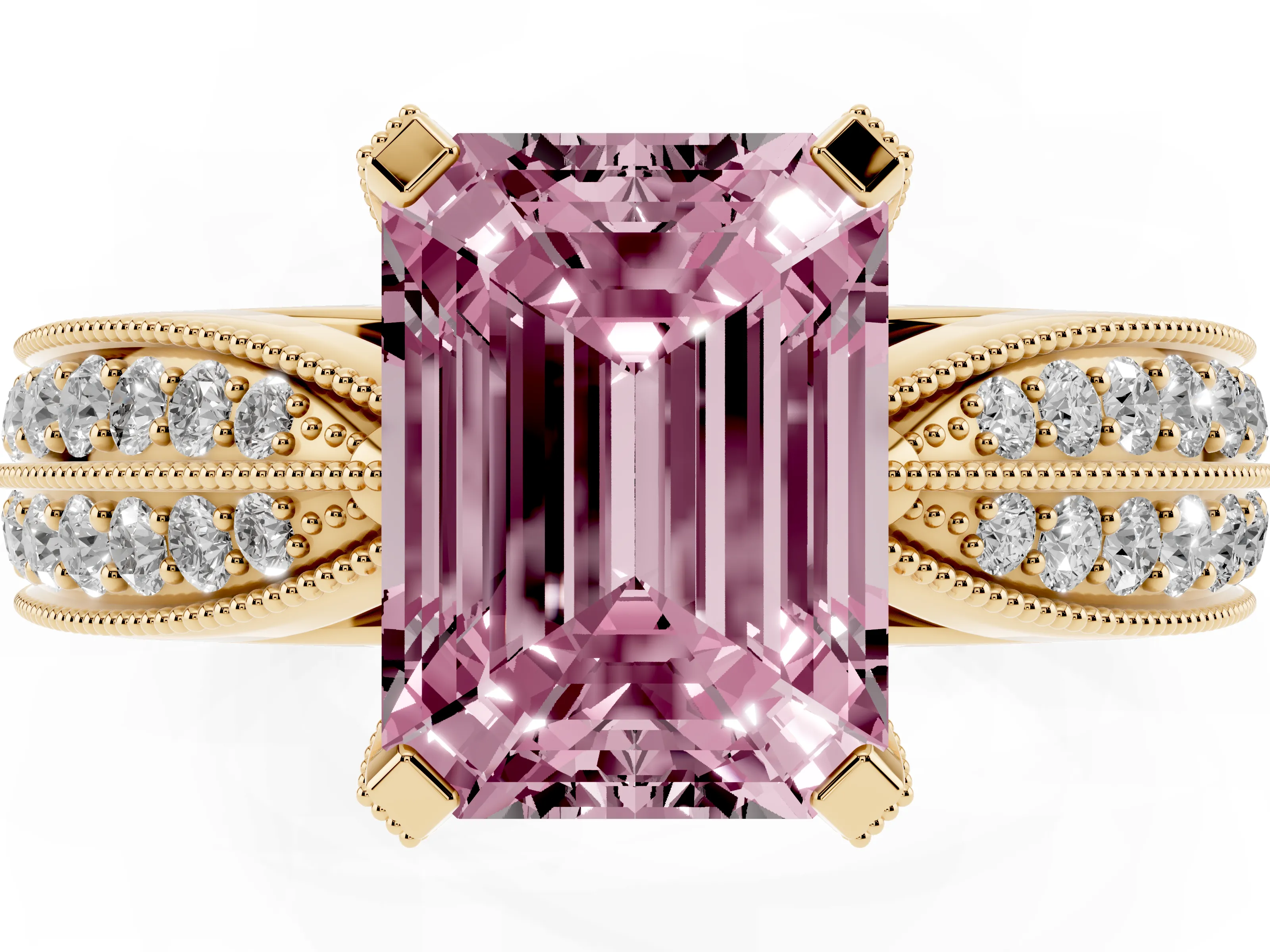 Fancy Pink Emerald Cut Diamond Solitaire Ring Set in Yellow gold with Milgrain Double Row Round Pavé Band
