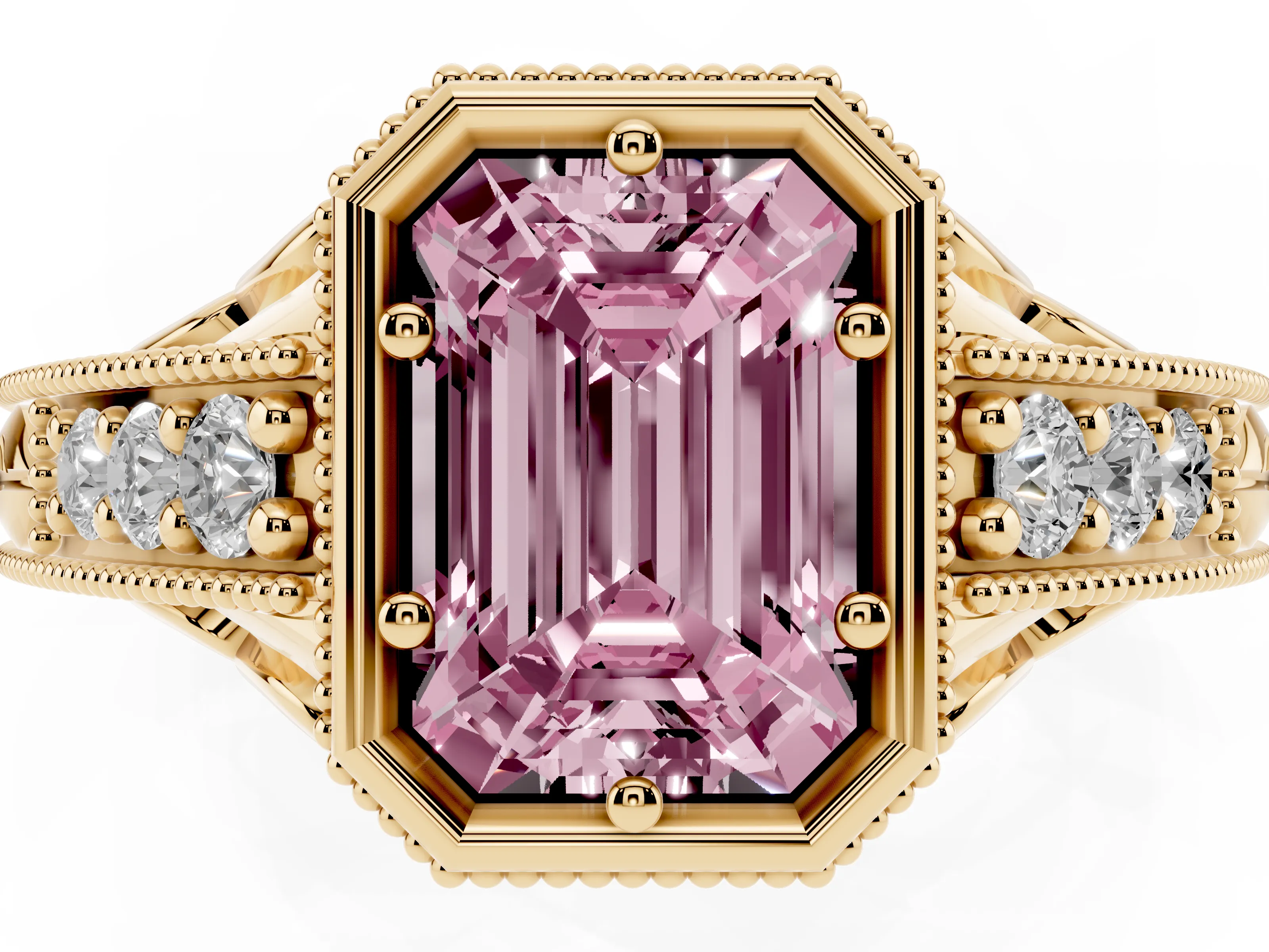 Fancy Pink Bezel Set Emerald Cut Diamond Milgrain Pavé Engagement Ring Set in Yellow gold