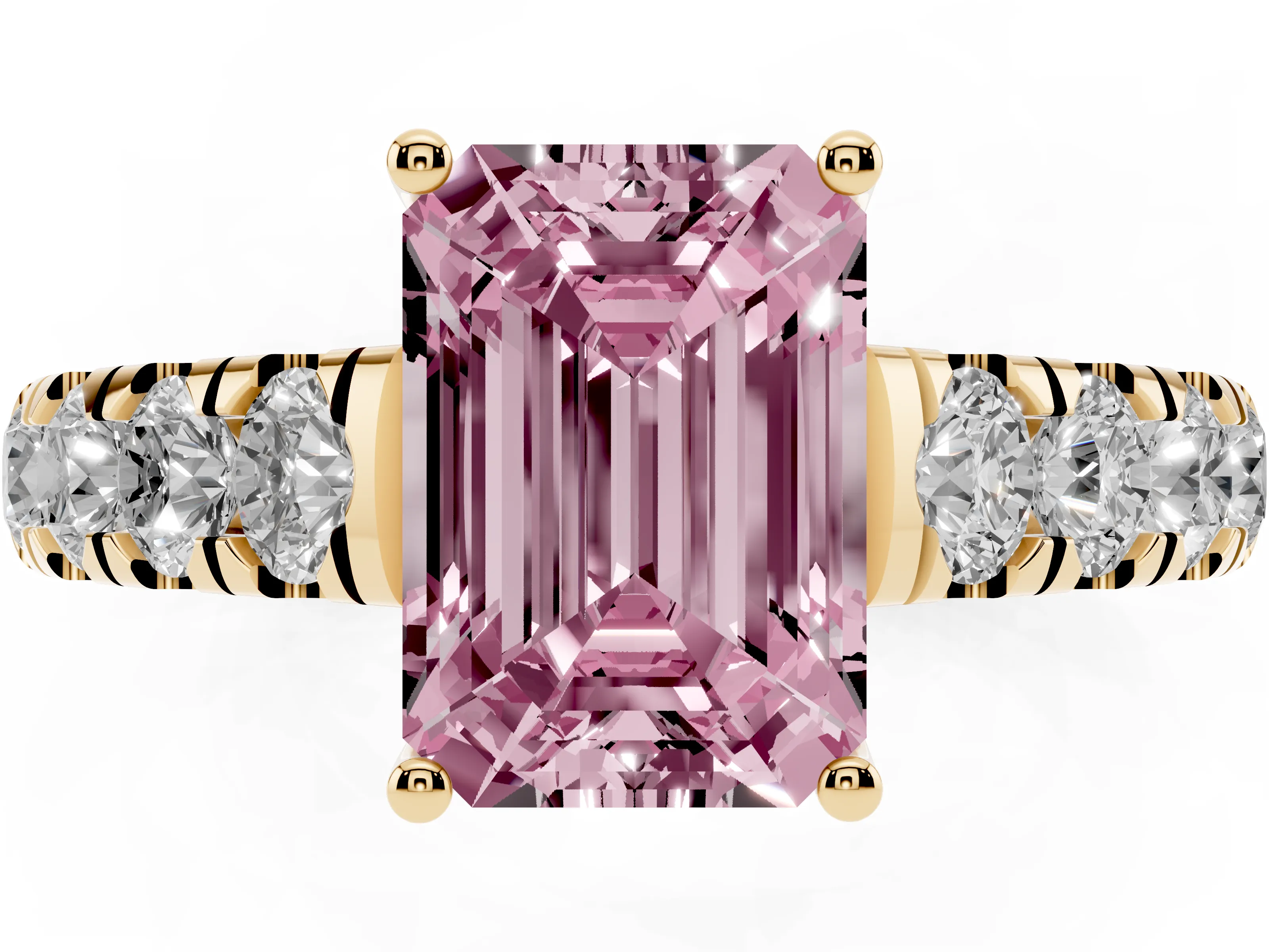 Fancy Pink Emerald Cut Diamond Solitaire Ring Set in Yellow gold with Cut-Down Micro Pavé Band and Prong Setting