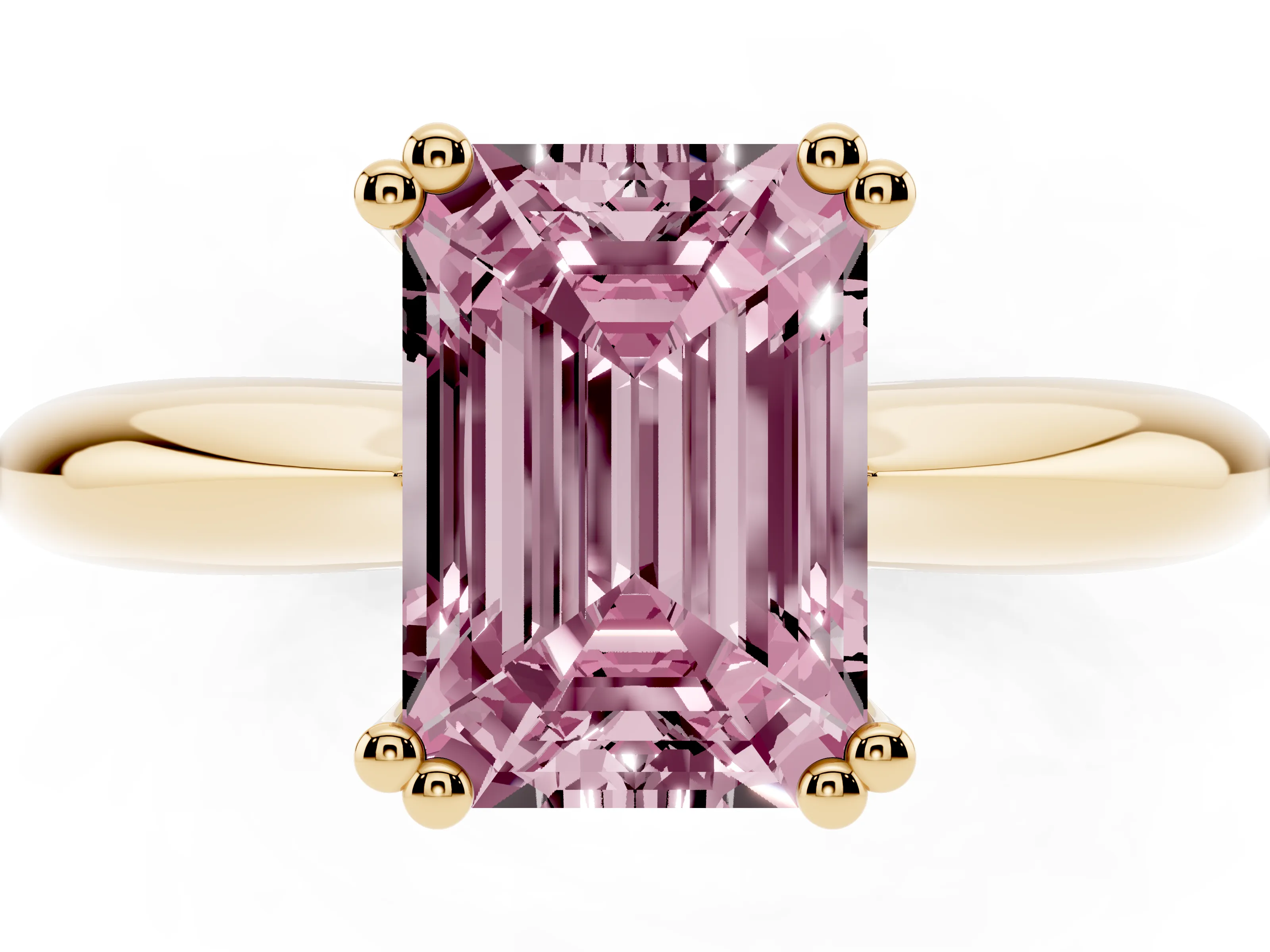 Fancy Pink Emerald Cut Diamond Solitaire Engagement Ring Set in Yellow gold with Tapered Band and Prong Setting