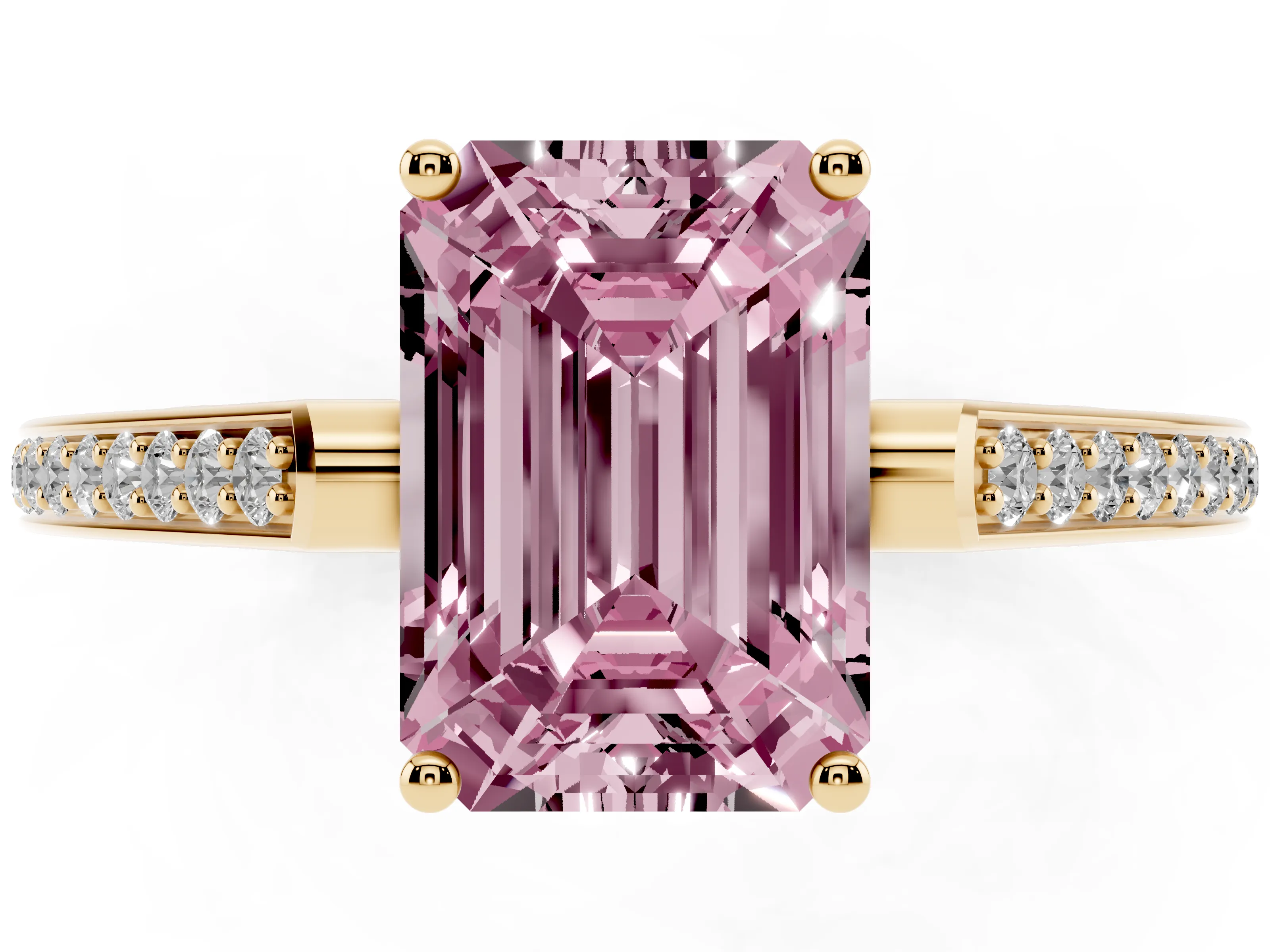 Fancy Pink Emerald Cut Diamond Cathedral Pavé Engagement Ring Set in Yellow gold with Prong Setting