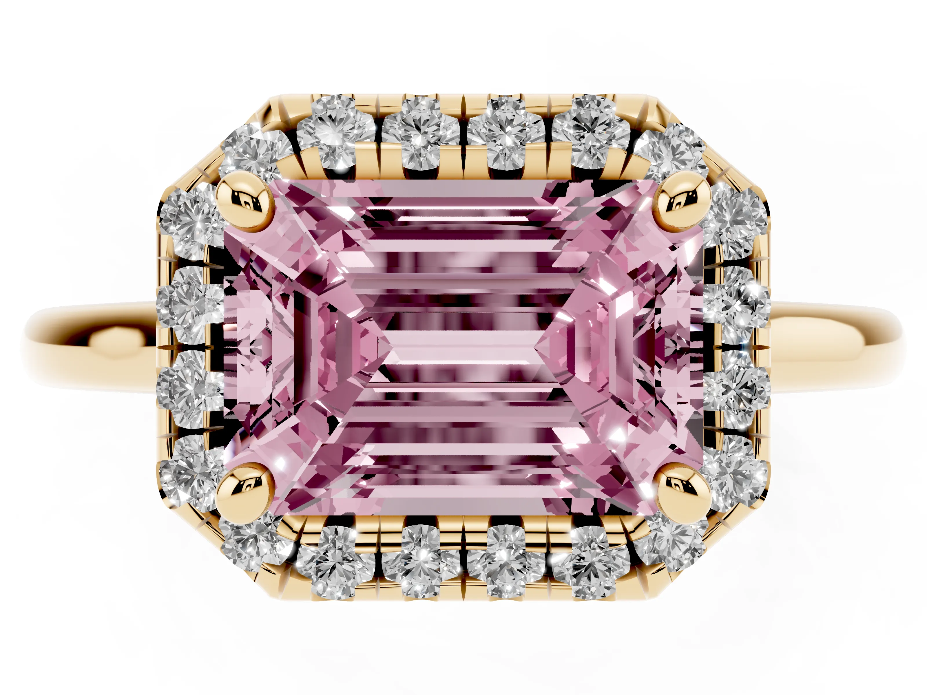 Fancy Pink Emerald Cut Diamond Halo Engagement Ring Set in Yellow gold with Pavé Band and Rising Shoulders