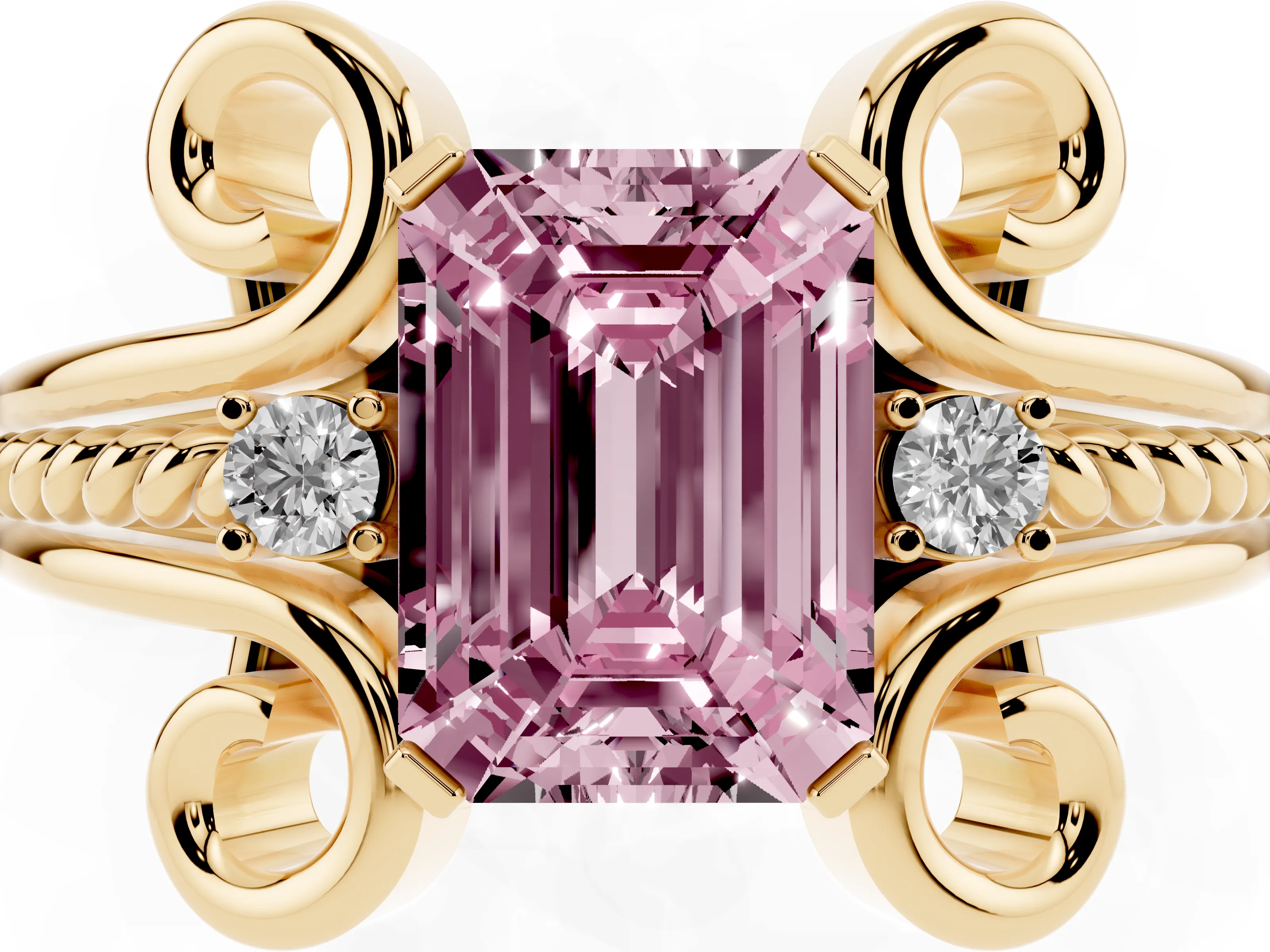 Fancy Pink Emerald Cut Diamond Twisted Band Solitaire Ring Set in Yellow gold with Scroll Prongs