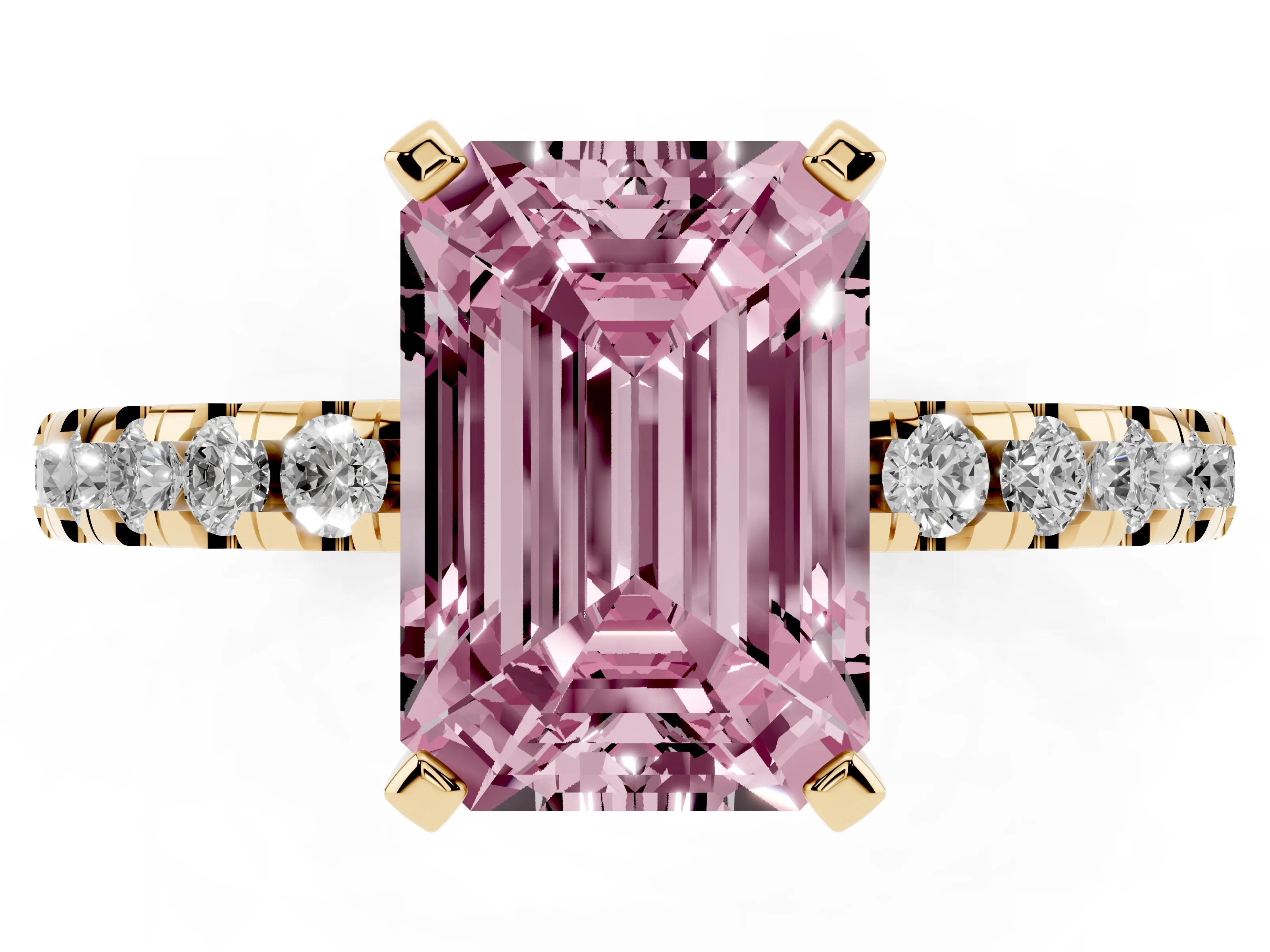 Fancy Pink Emerald Cut Diamond Pavé Solitaire Ring Set in Yellow gold with Round Band Accents and Prong Setting