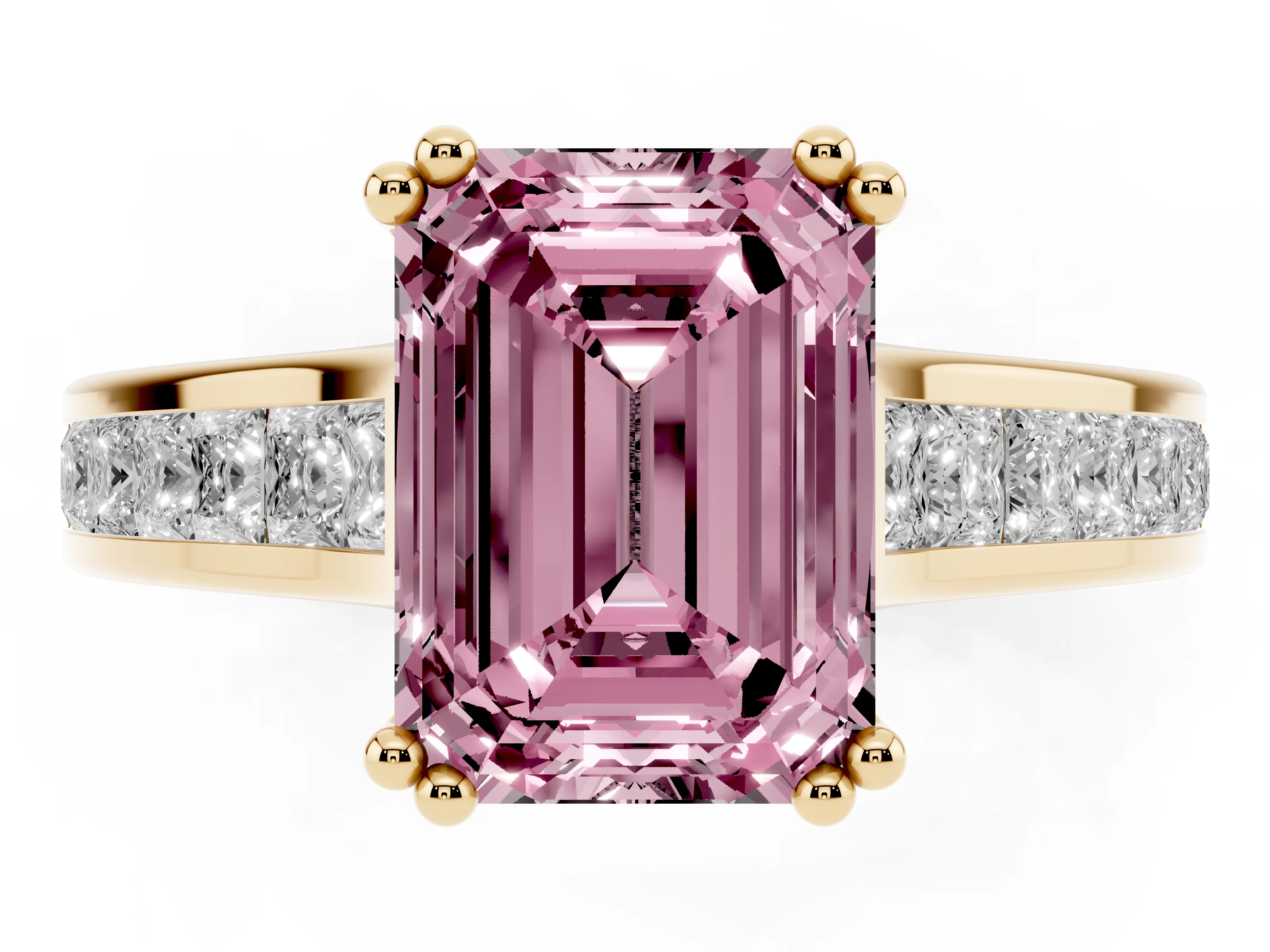 Fancy Pink Emerald Cut Diamond Channel Set Solitaire Engagement Ring Set in Yellow gold with Prong Setting