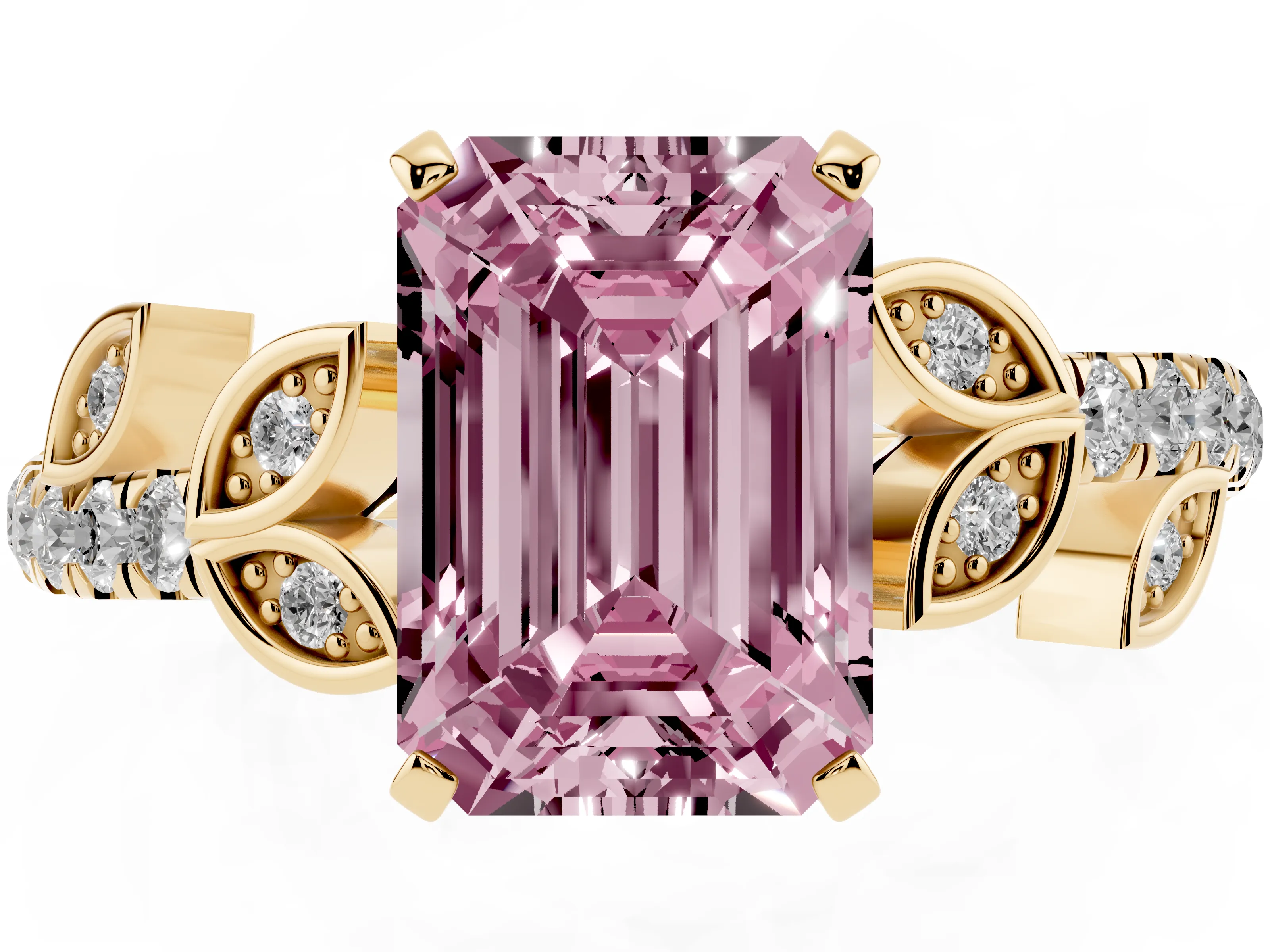 Fancy Pink Emerald Cut Diamond Solitaire Leaf-Inspired Ring Set in Yellow gold with Pavé Band and Prong Setting