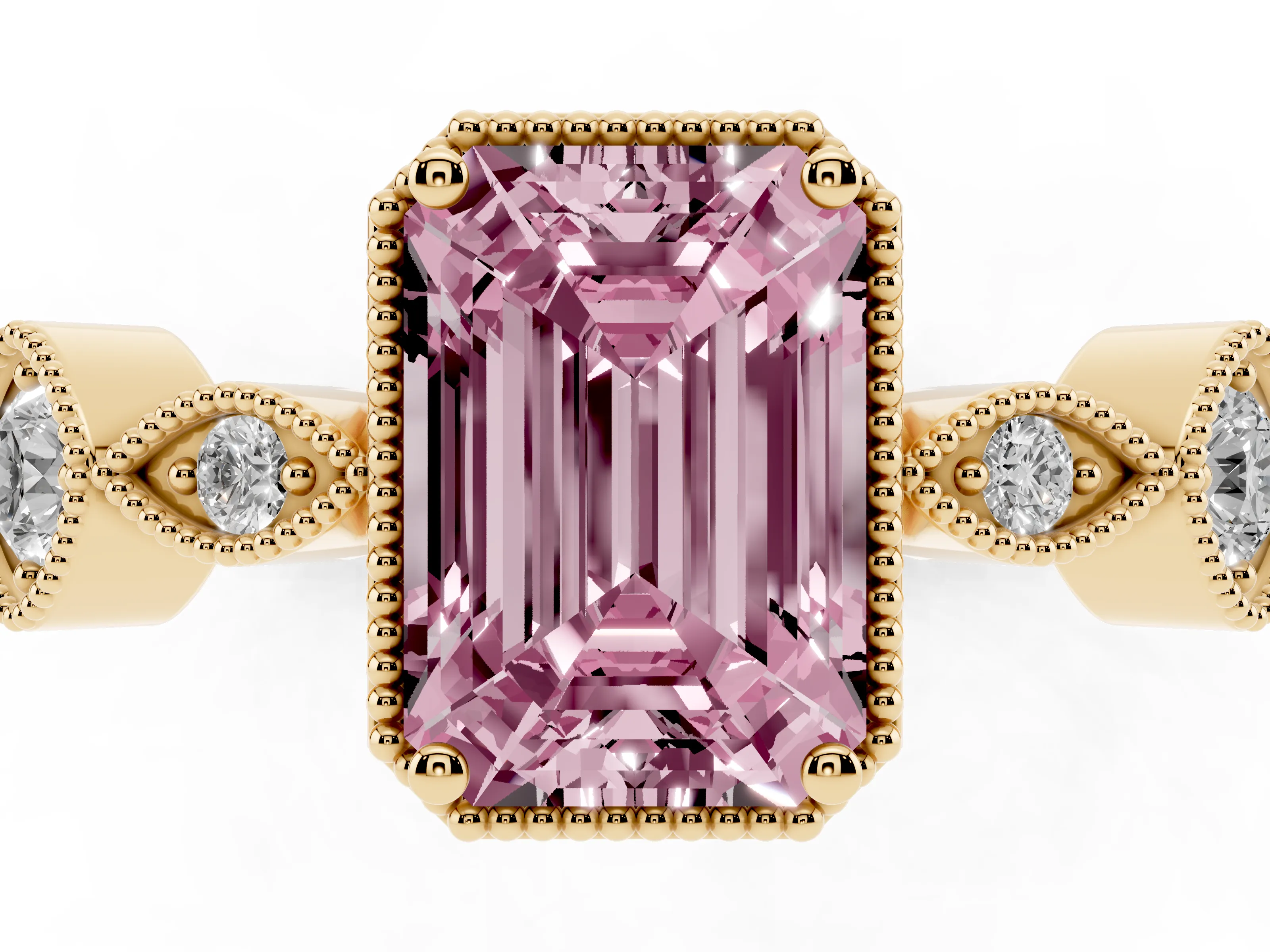 Fancy Pink Emerald Cut Diamond Vintage-Inspired Milgrain Ring Set in Yellow gold with Marquise Stations of Round Accents