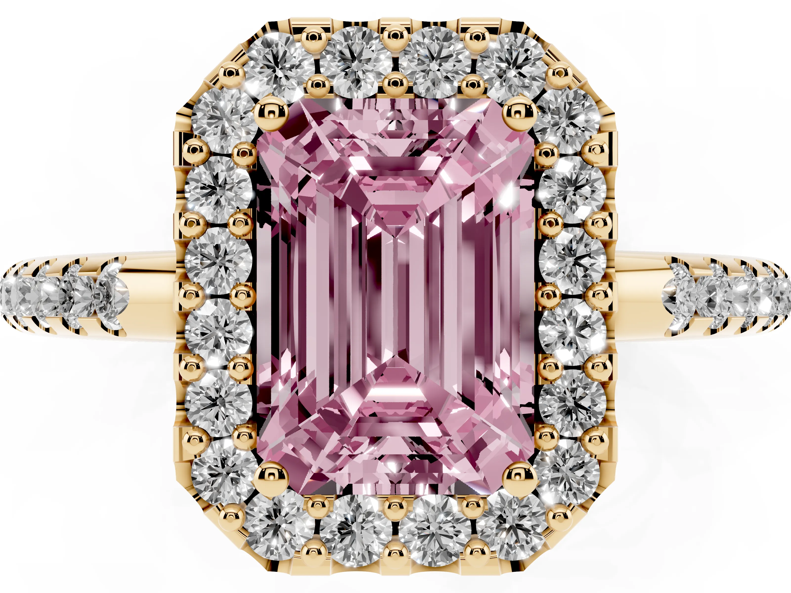 Fancy Pink Emerald Cut Diamond Pavé Halo Ring Set in Yellow gold with Prong Setting